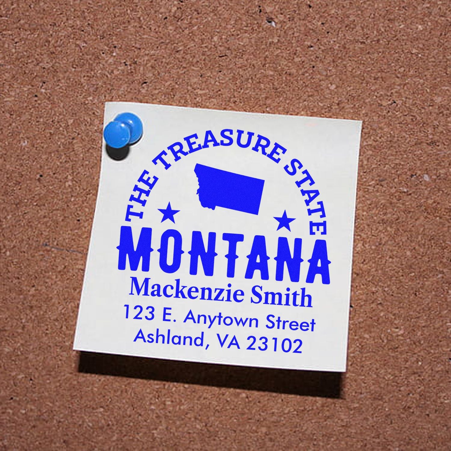 Montana personalized return address rubber stamp with state outline, ideal for custom mailing labels and stationery.