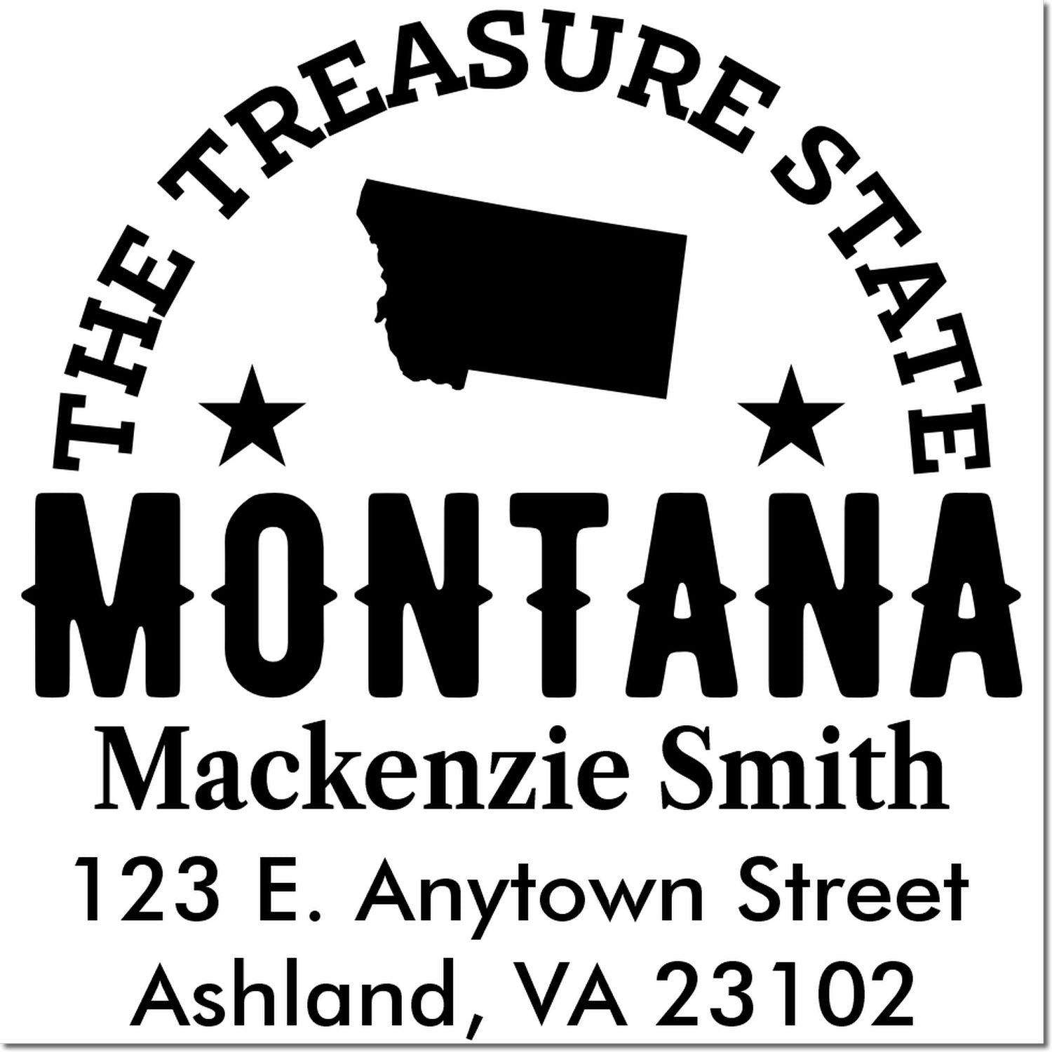 Custom Montana return address rubber stamp with Treasure State design, state silhouette, and personalized name and address.