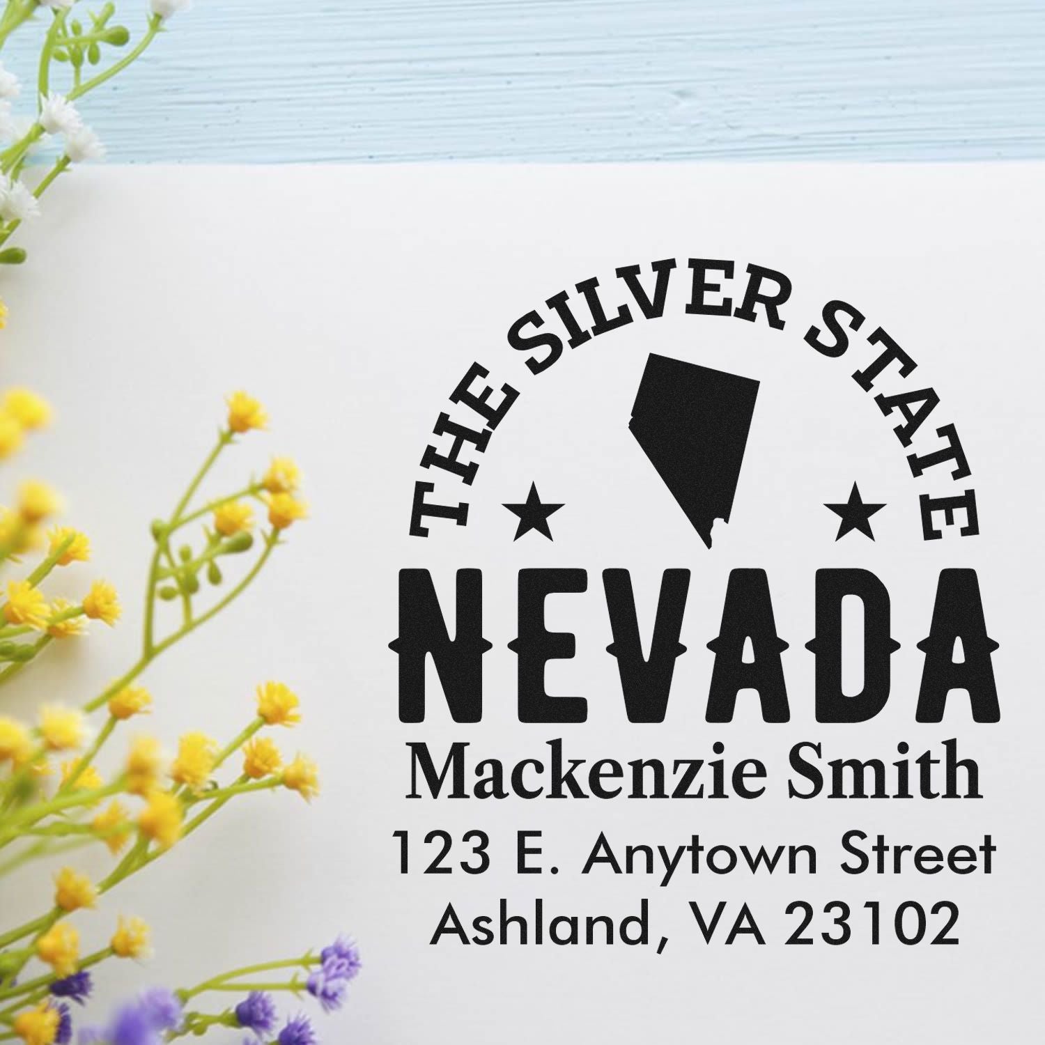 Custom Nevada return address rubber stamp with state outline, name, and mailing address for The Silver State.