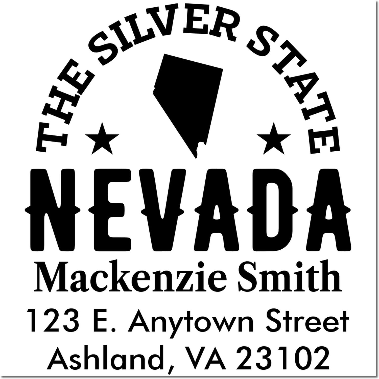 Custom Nevada return address rubber stamp featuring The Silver State design, Mackenzie Smith, and Ashland, VA address.