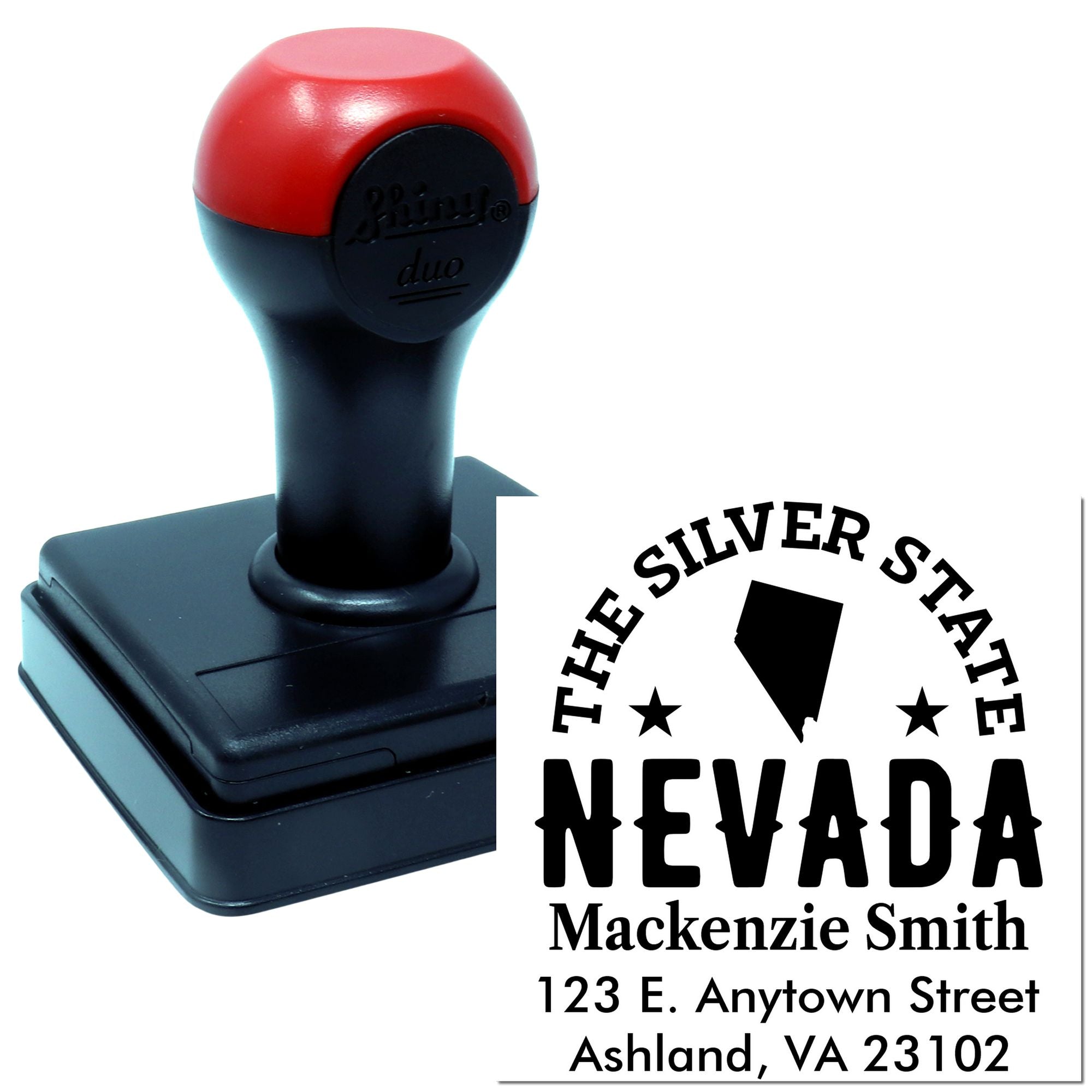 Custom Nevada self-inking address rubber stamp with state silhouette, name, and mailing address for official correspondence.