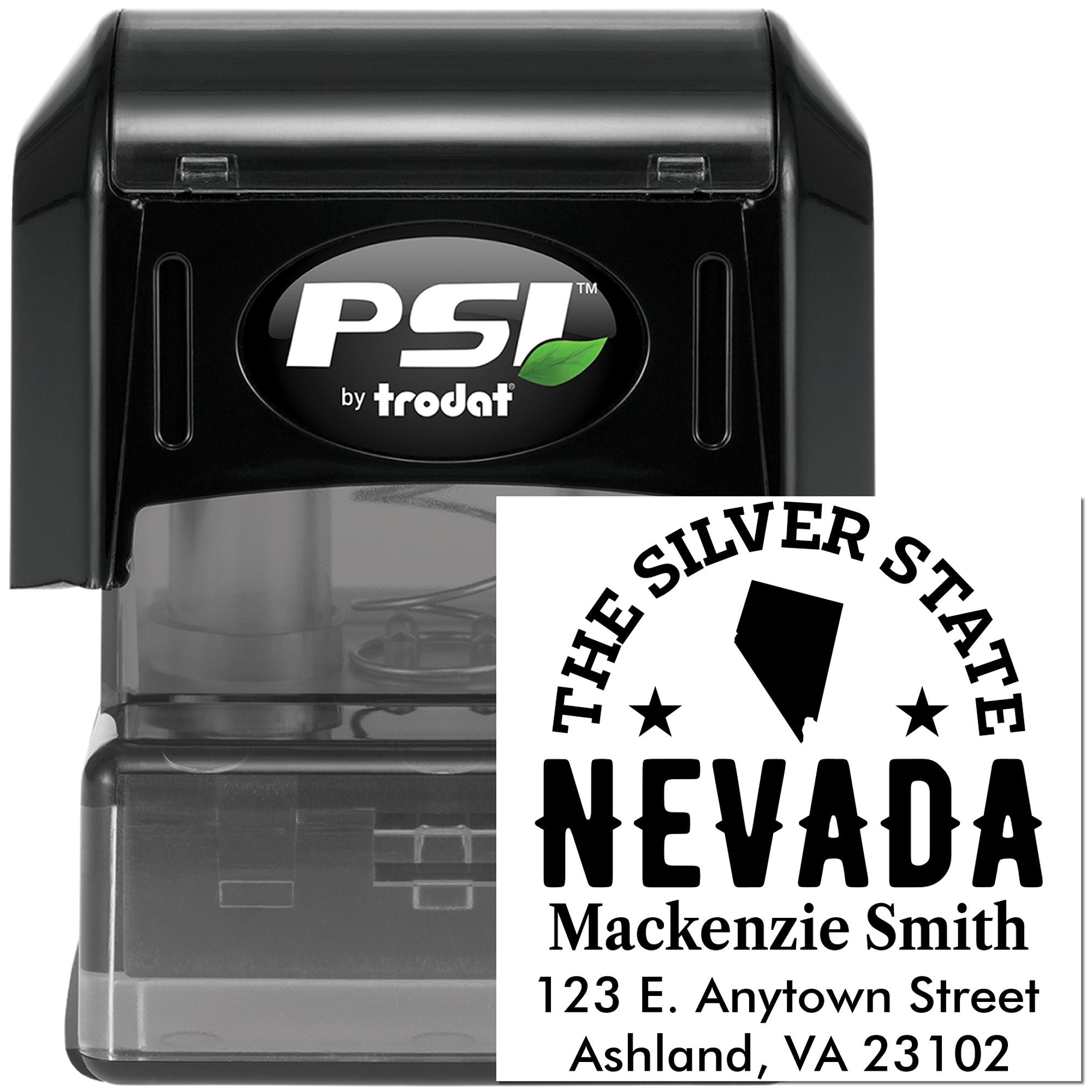 Personalized Nevada return address self-inking rubber stamp with state outline, name, and address by PSI Trodat.