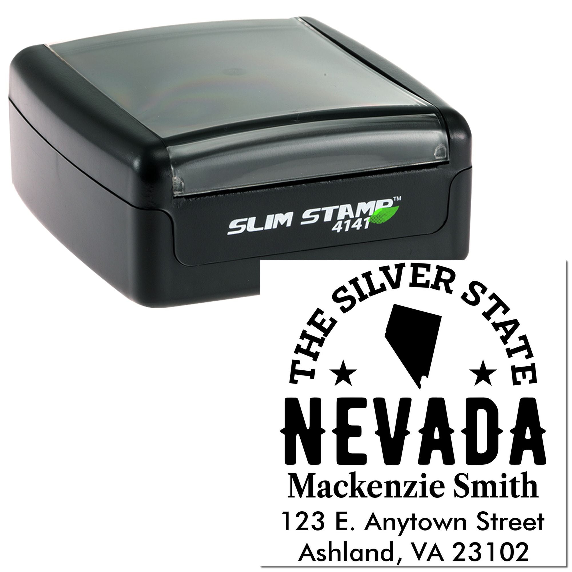 Nevada custom self-inking rubber stamp with name, address, and state logo for business mailings.