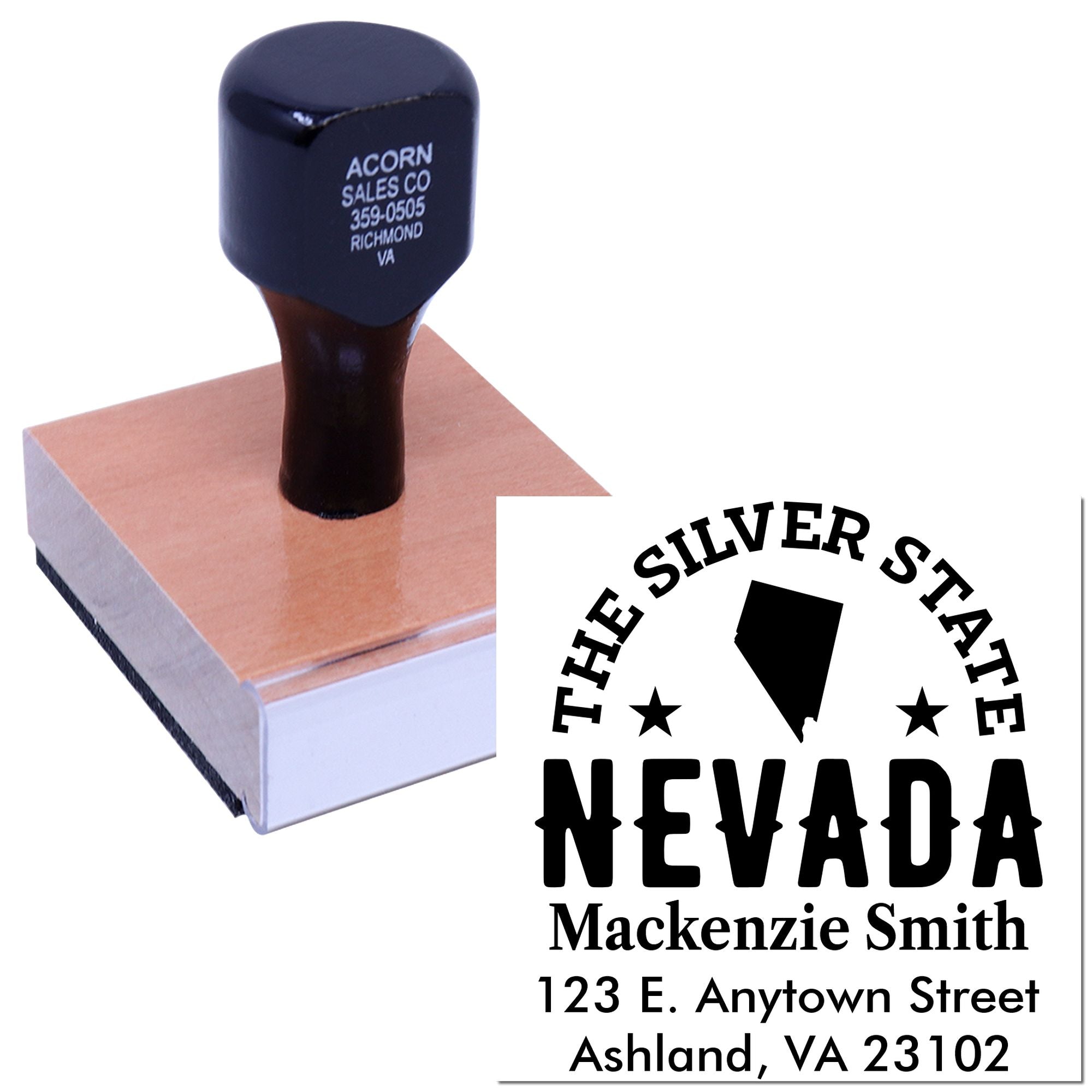 Custom Nevada return address rubber stamp with business name, logo, and mailing address for personalized correspondence