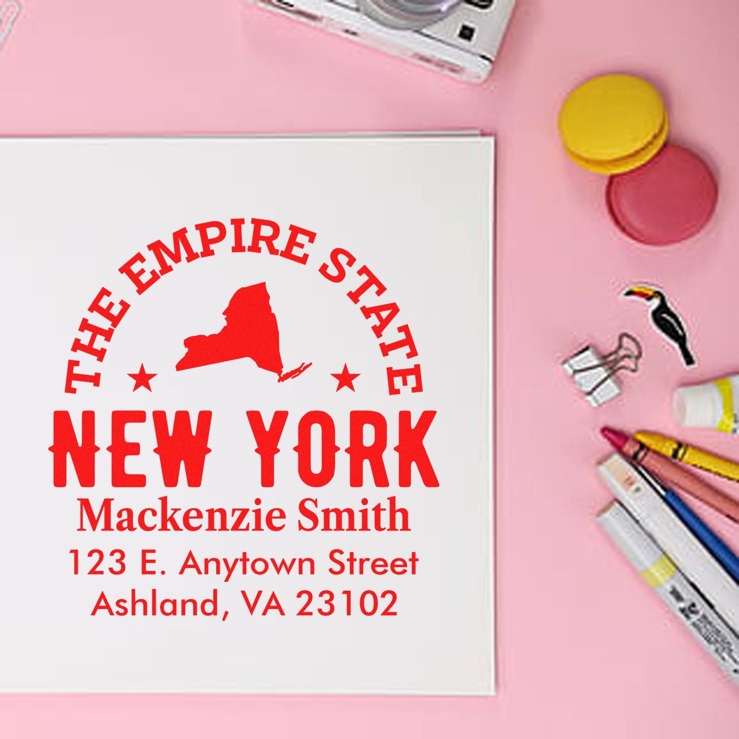 Custom New York rubber stamp with Empire State design and return address for Mackenzie Smith