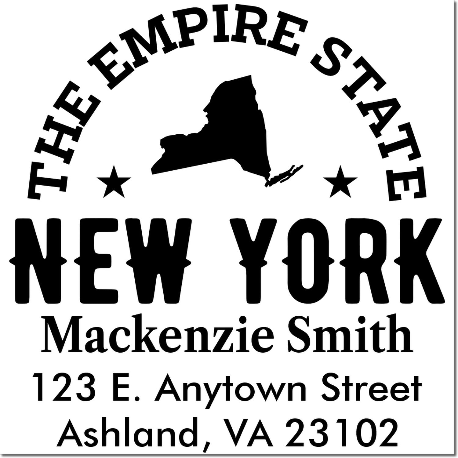 Empire State New York custom return address rubber stamp with name and mailing address for MacKenzie Smith.