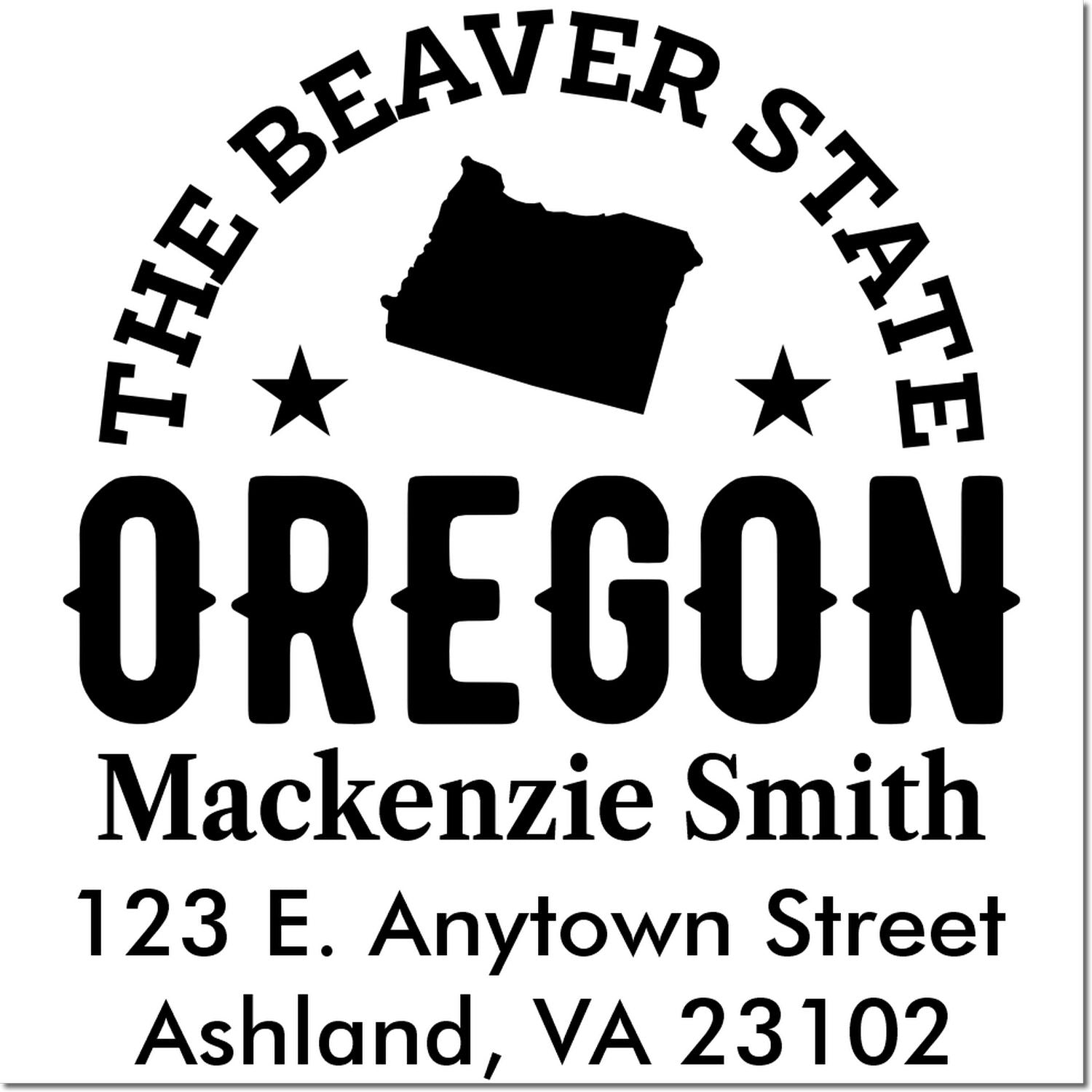 Custom Oregon return address rubber stamp with Beaver State design, business name, and mailing address for mailings.