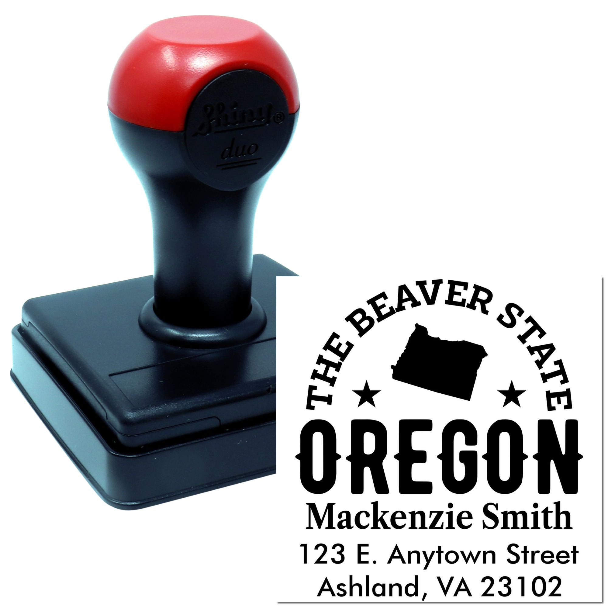 Custom self-inking Oregon address rubber stamp with Beaver State design for personalized mailing.