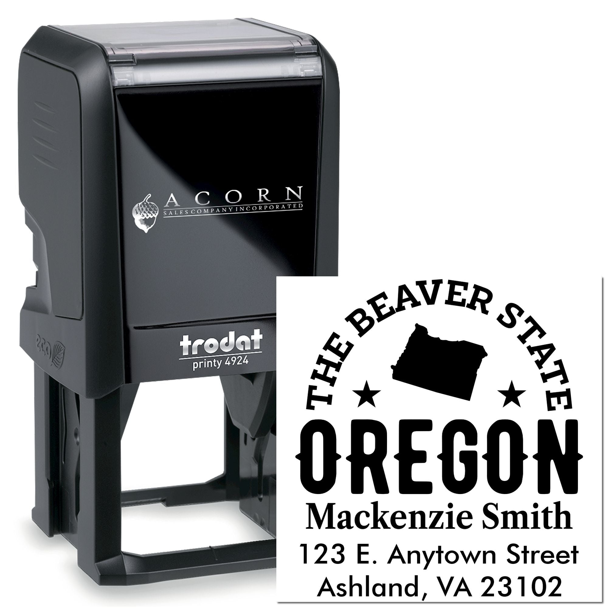 Custom Oregon self-inking rubber stamp with The Beaver State design, name, and business address for mailing.