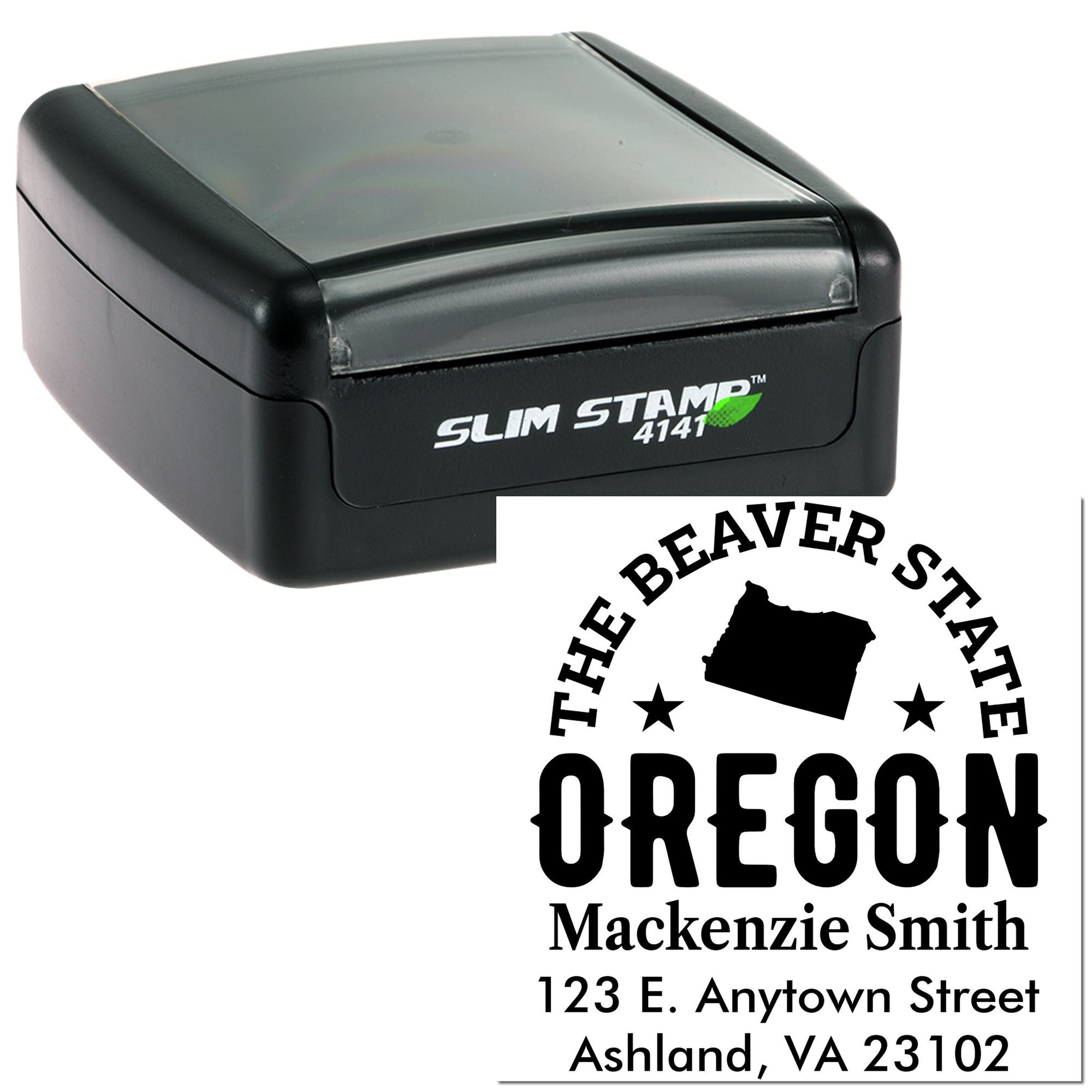Slim self-inking rubber address stamp with Oregon Beaver State return address design and custom name and address imprint.