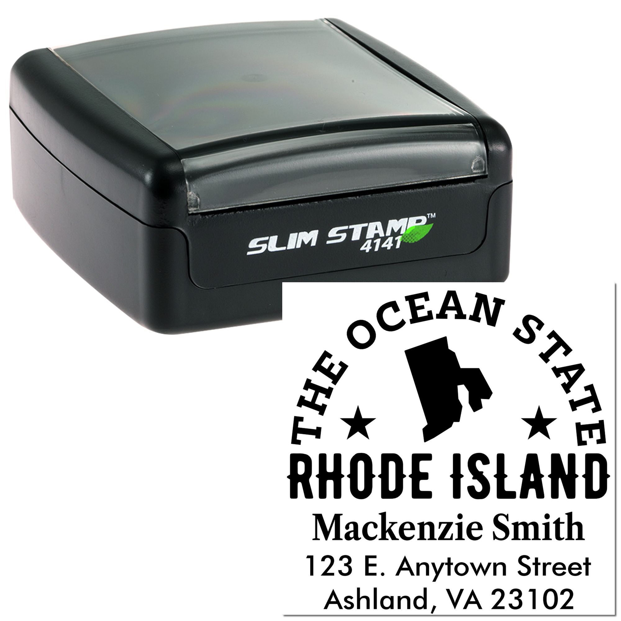 Custom self-inking rubber address stamp with Rhode Island design for personalized return addresses and mailing labels.