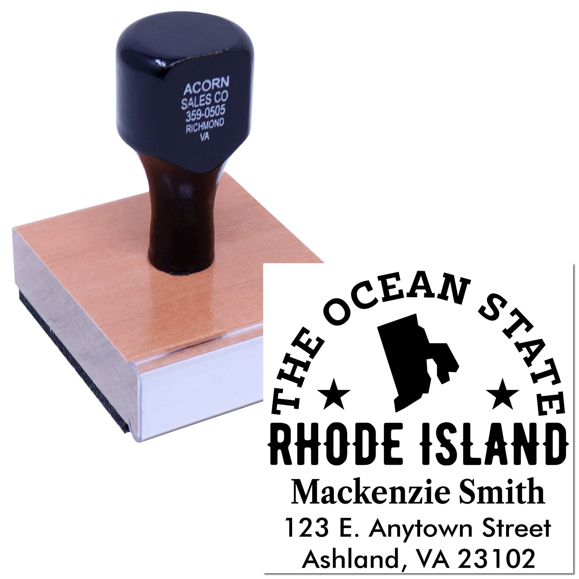 Custom Rhode Island address rubber stamp with Ocean State return address design for envelopes.