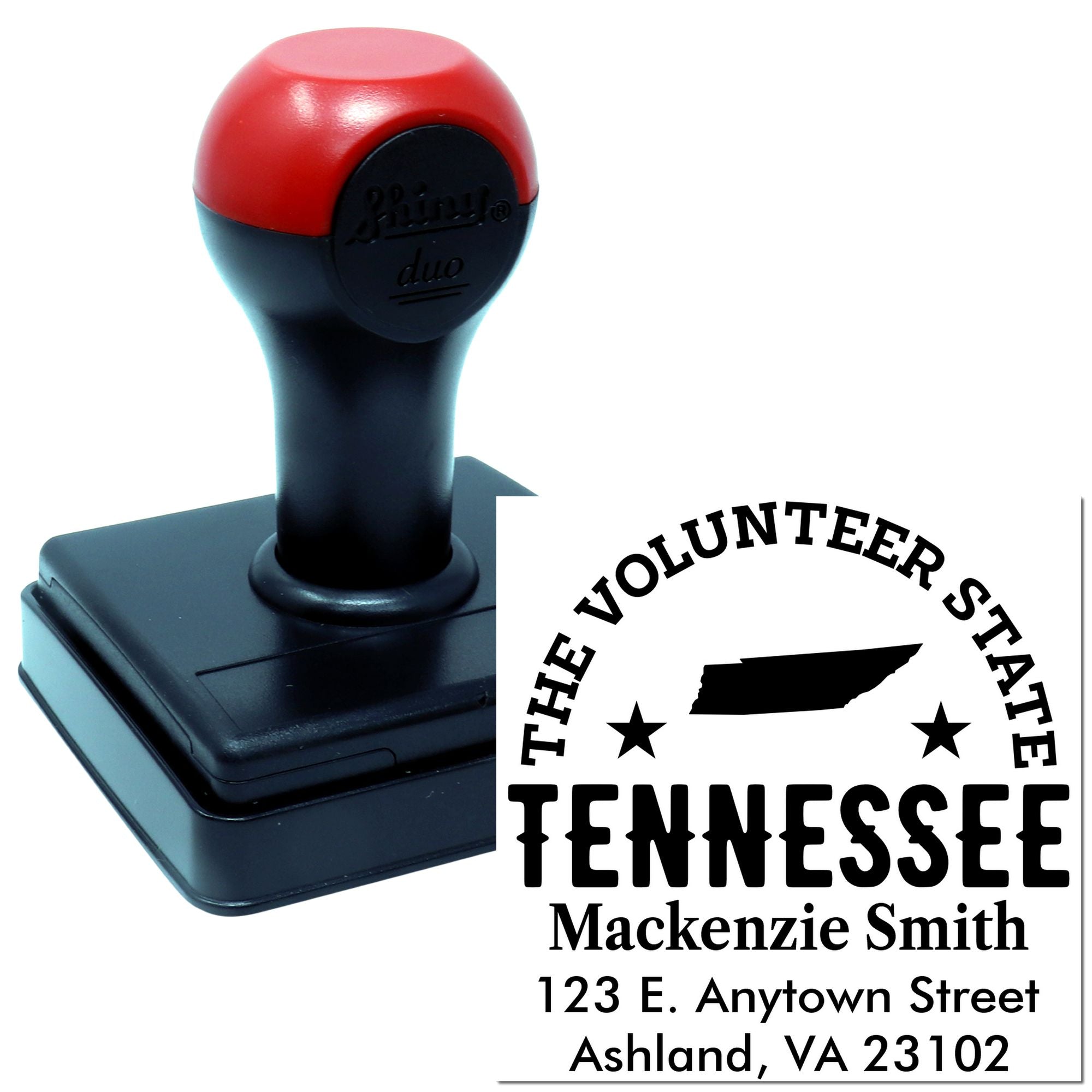 Custom self-inking Tennessee rubber stamp with Volunteer State design, name, and address imprint