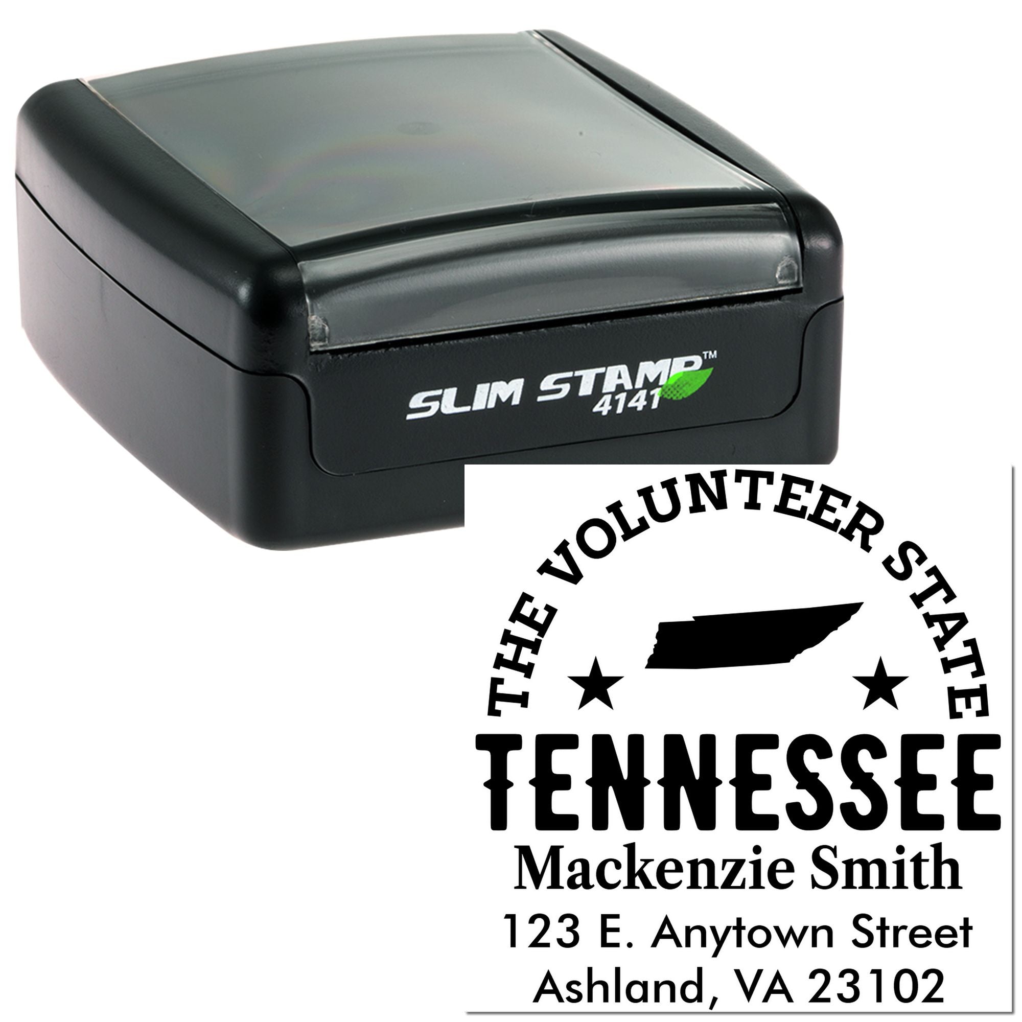 Custom self-inking return address rubber stamp with Tennessee Volunteer State name and address design.