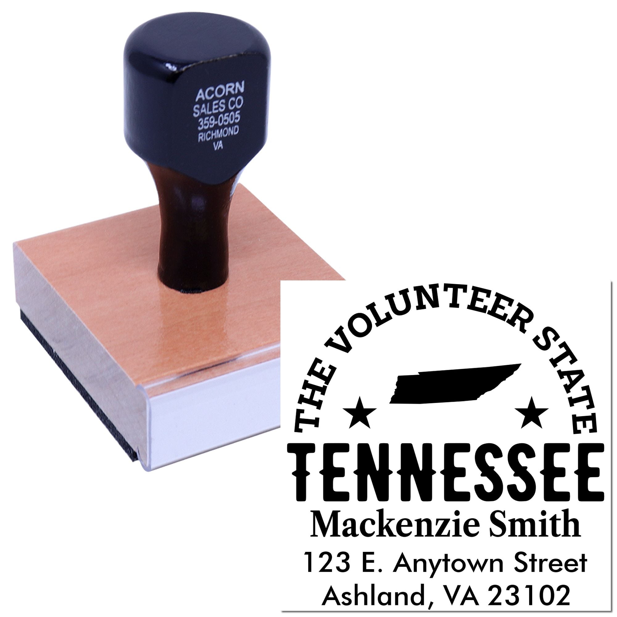 Custom Tennessee address rubber stamp with Volunteer State design and personalized name and street address.