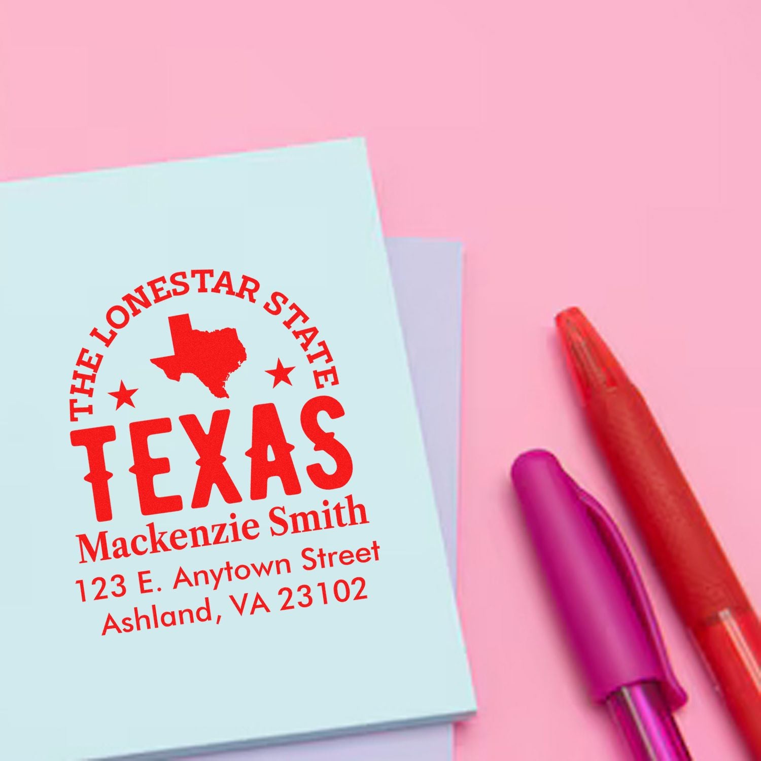 Custom Texas address rubber stamp with Lone Star State design on stationery for personalized mailing.