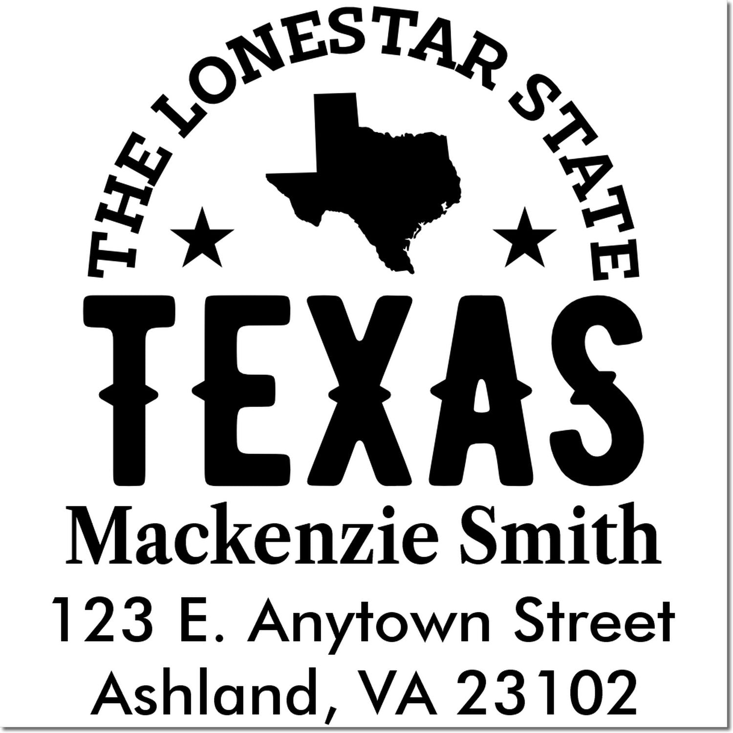 Personalized Texas rubber stamp with Lone Star State graphic, Mackenzie Smith name, and Ashland, VA 23102 address.