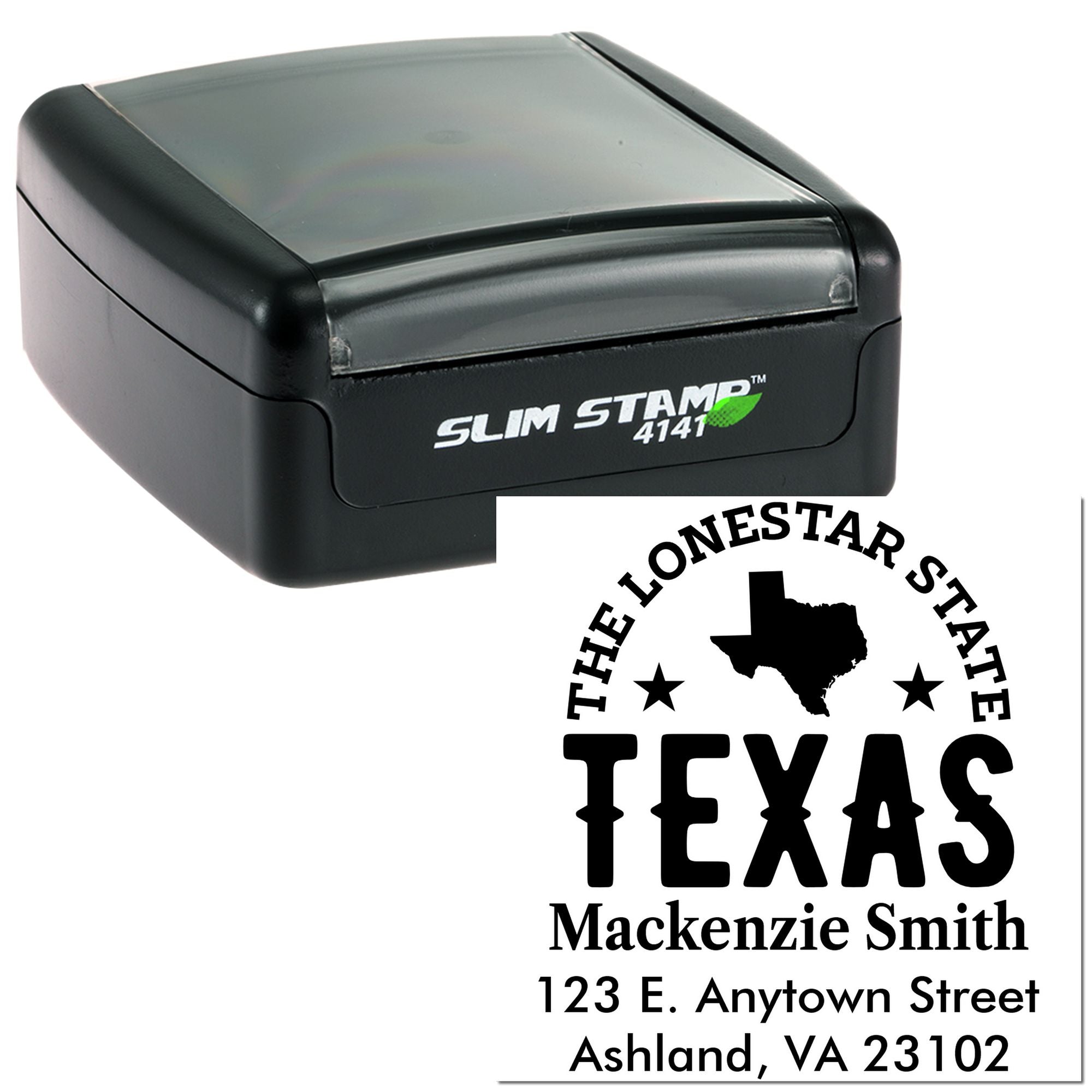 Custom self-inking Texas rubber stamp with Lone Star State design, name, street address, and city for mailing labels.