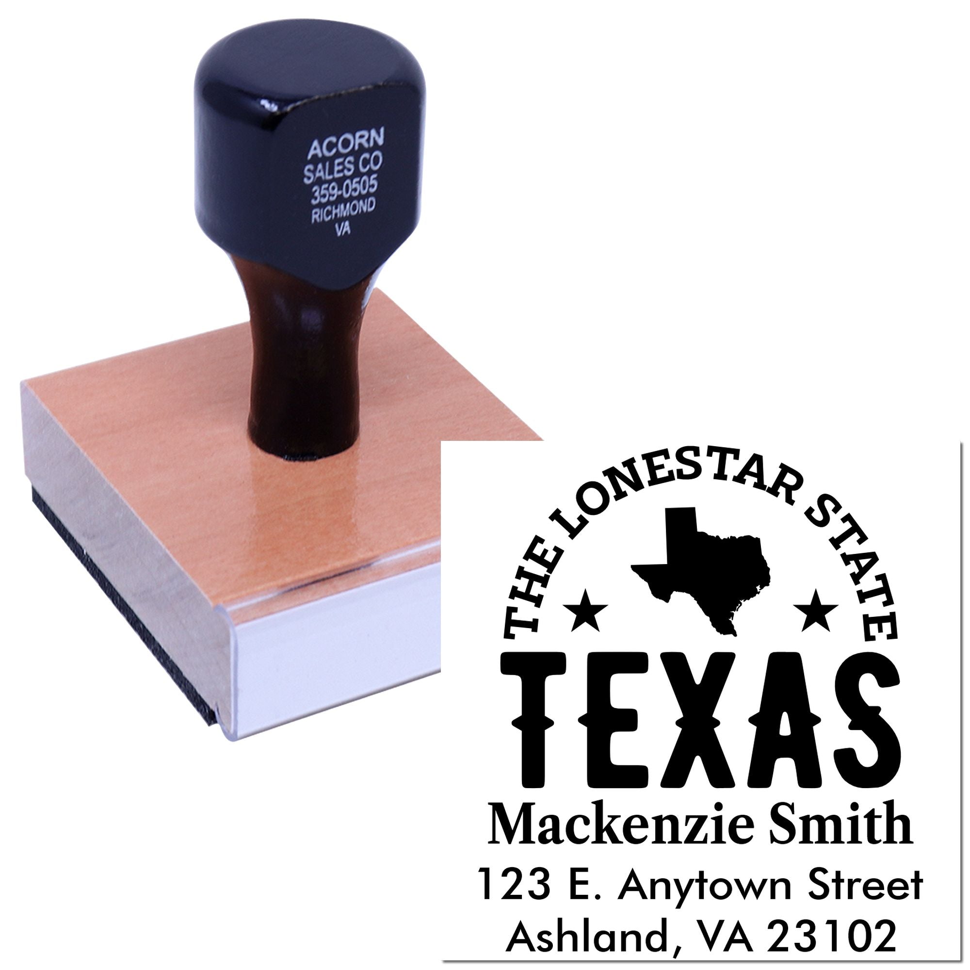 Custom Texas address rubber stamp with logo, business name, and mailing address for branding and envelopes.