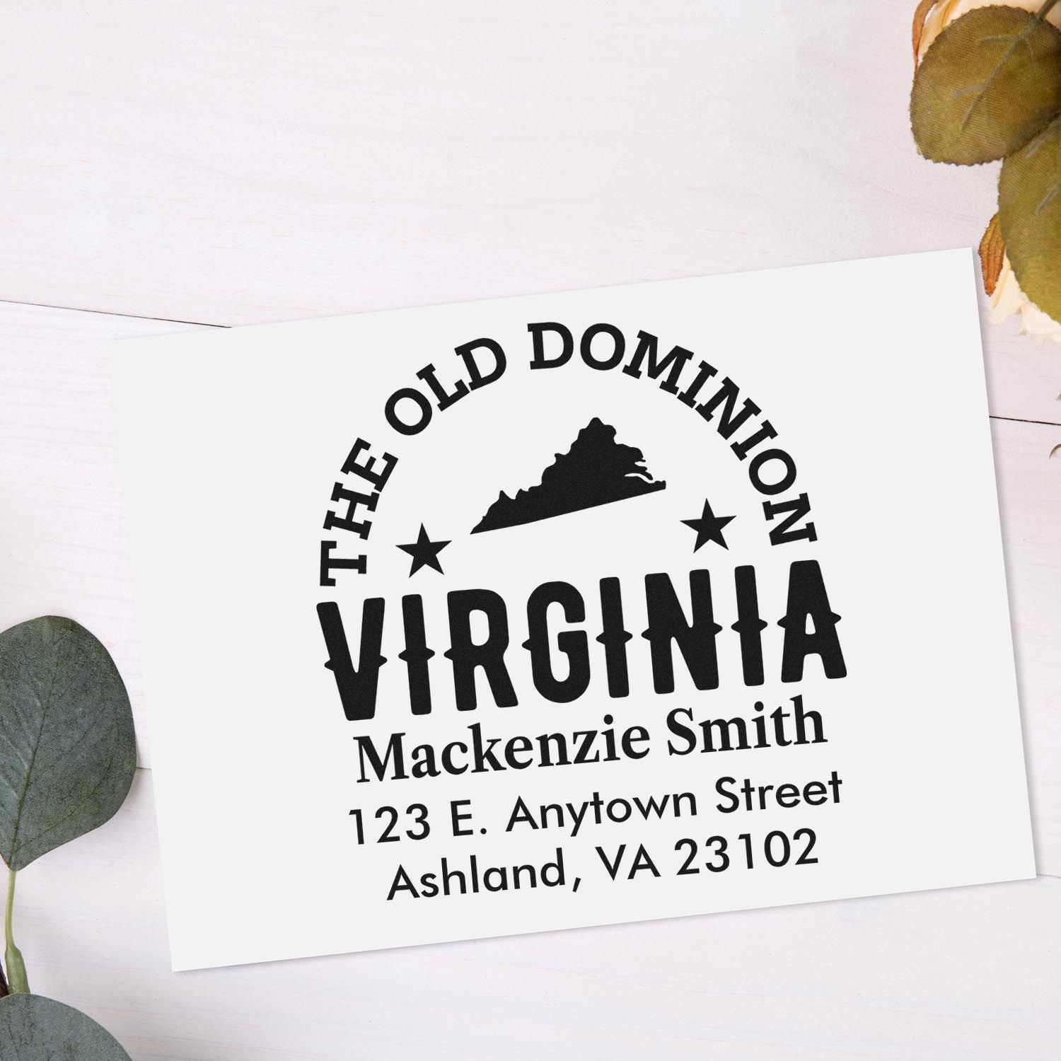 Personalized Old Dominion Virginia address stamp with Mackenzie Smith name and Ashland, VA 23102.