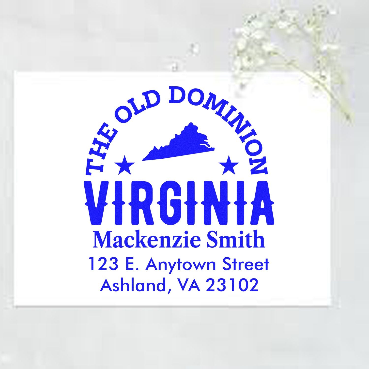 Custom Virginia return address rubber stamp with Old Dominion design for Mackenzie Smith, Ashland, VA.