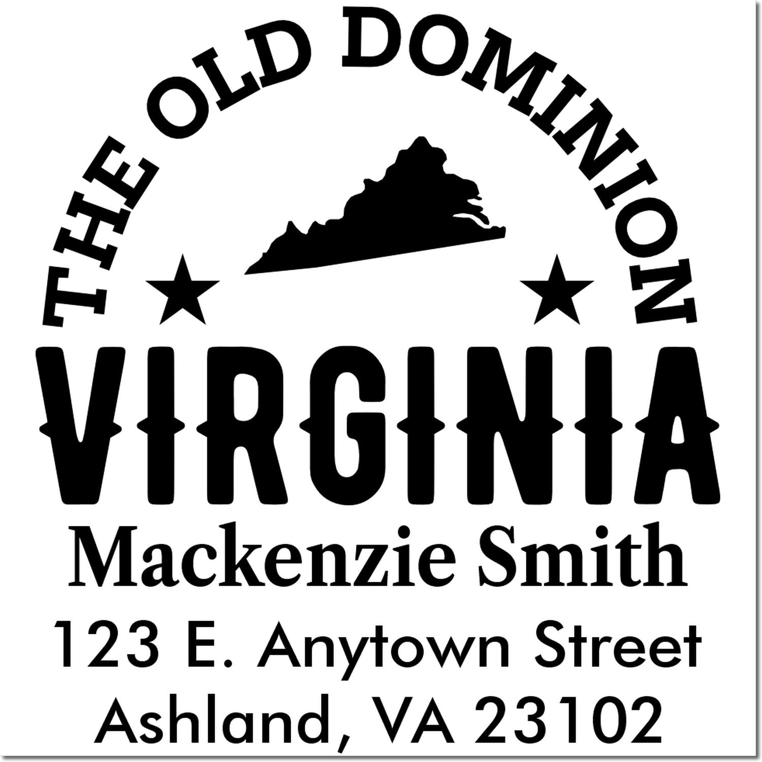 Custom Virginia address rubber stamp with state silhouette, The Old Dominion design, and Mackenzie Smith mailing address.