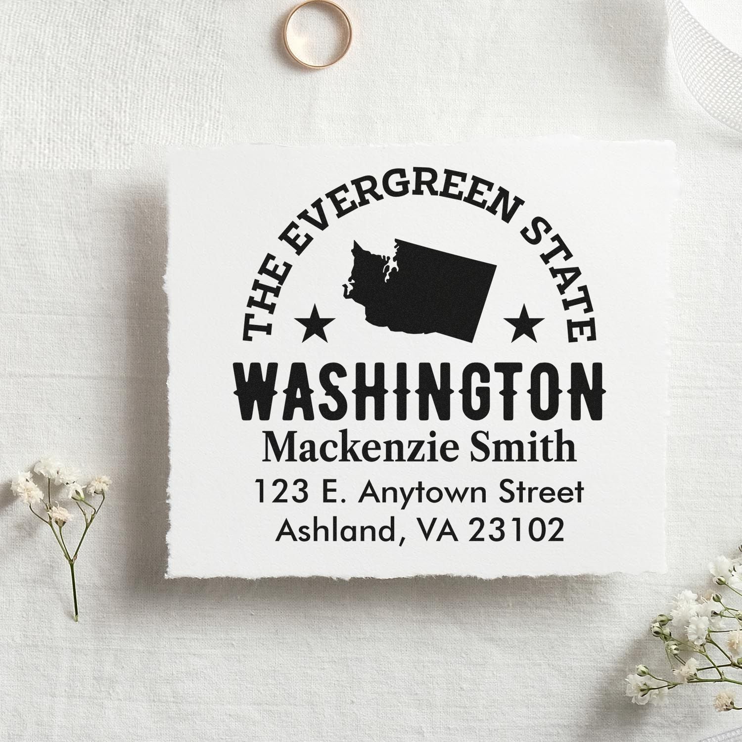 Custom Washington state return address rubber stamp with Evergreen State design and personalized name and address.