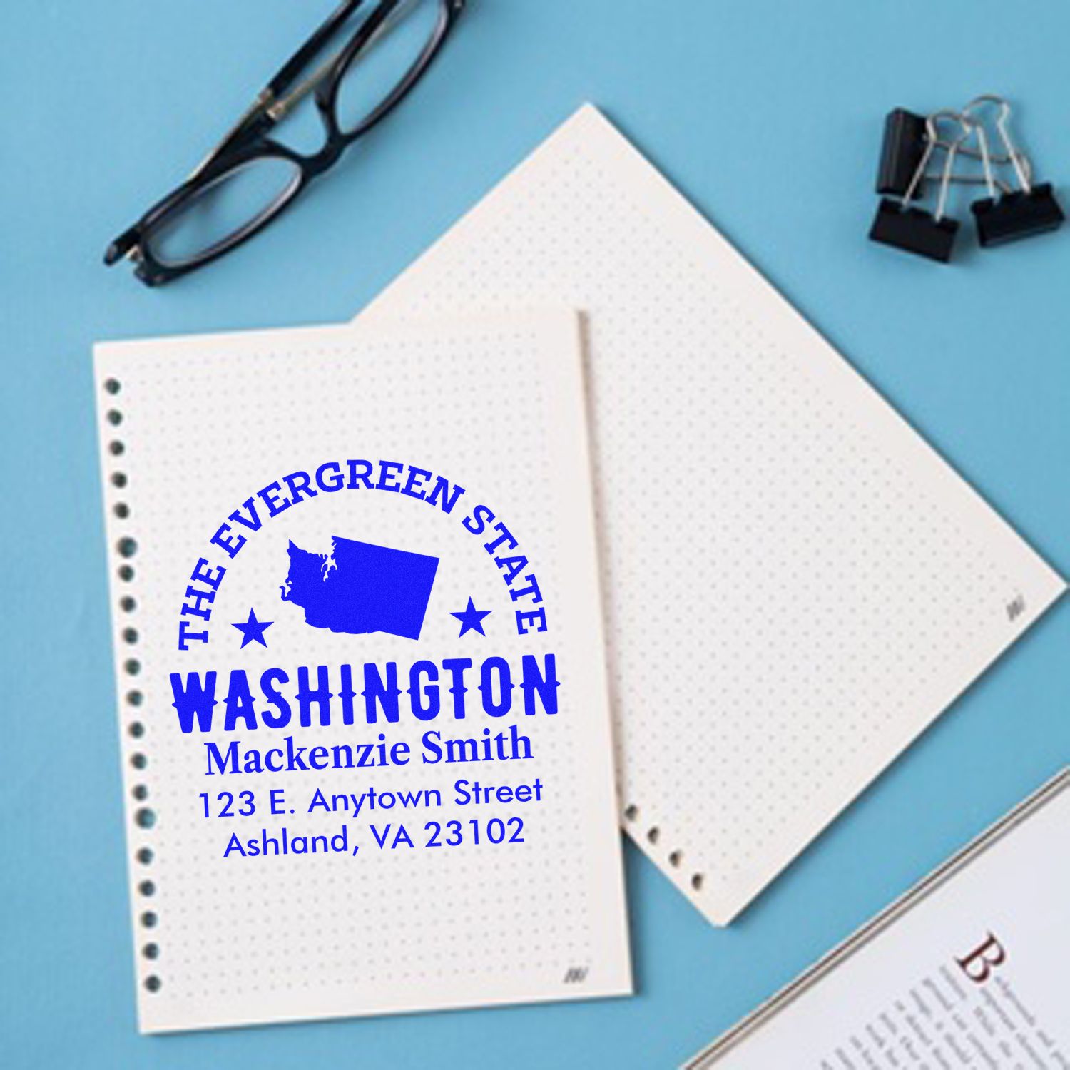 Personalized Washington state return address rubber stamp with name and address for stationery, notes, and mail.