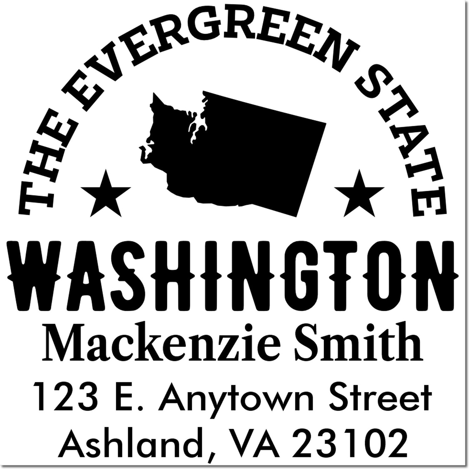 Custom Washington address rubber stamp with Evergreen State design, Mackenzie Smith, and Ashland, VA 23102.