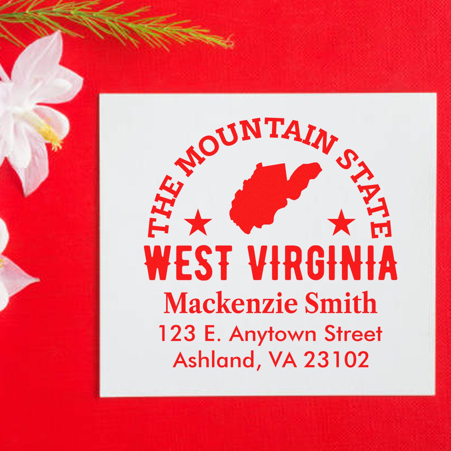 Custom West Virginia return address rubber stamp with mountain state design, name, and Ashland, VA address
