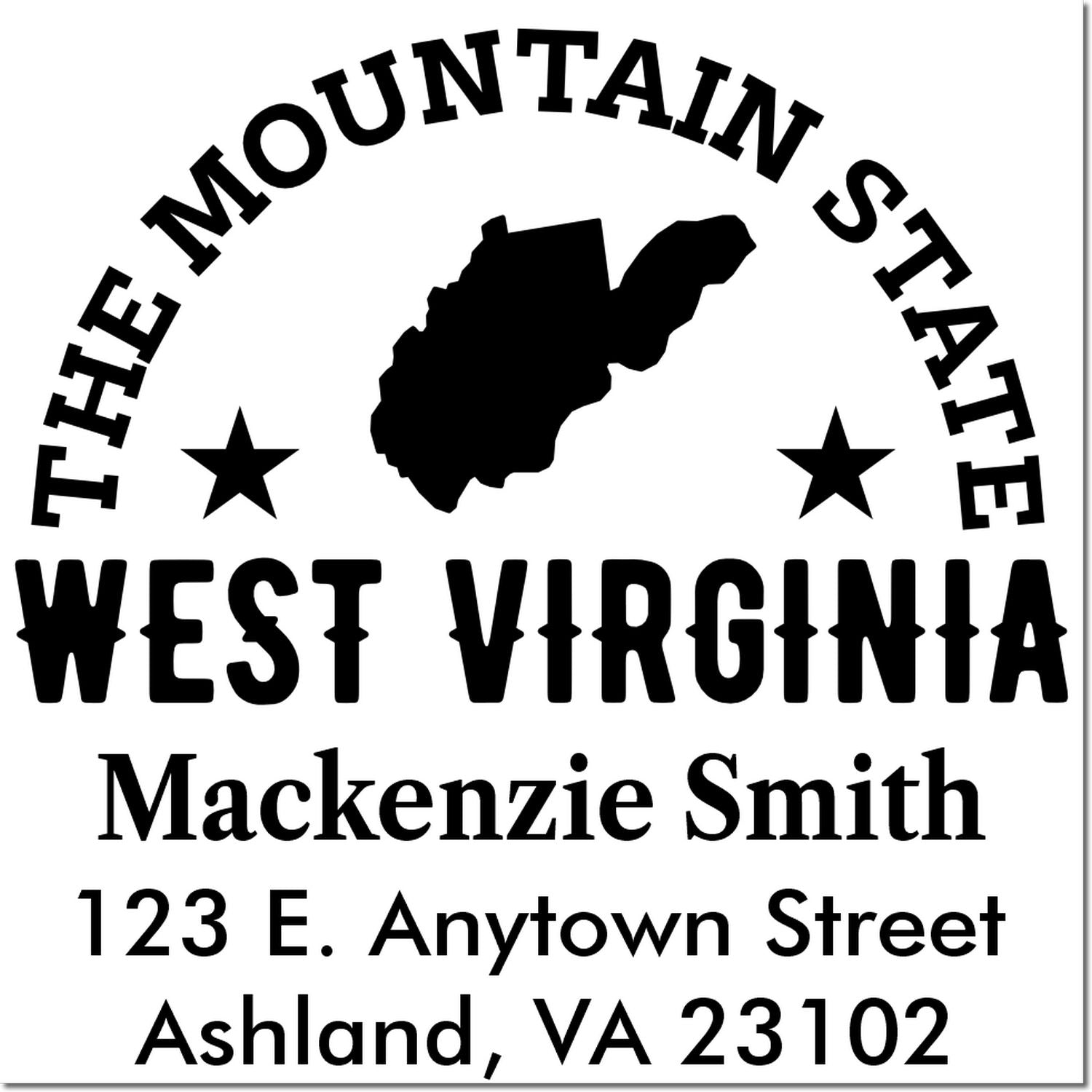 Custom West Virginia rubber stamp with mountain state logo, personalized name and address for mailing and branding.