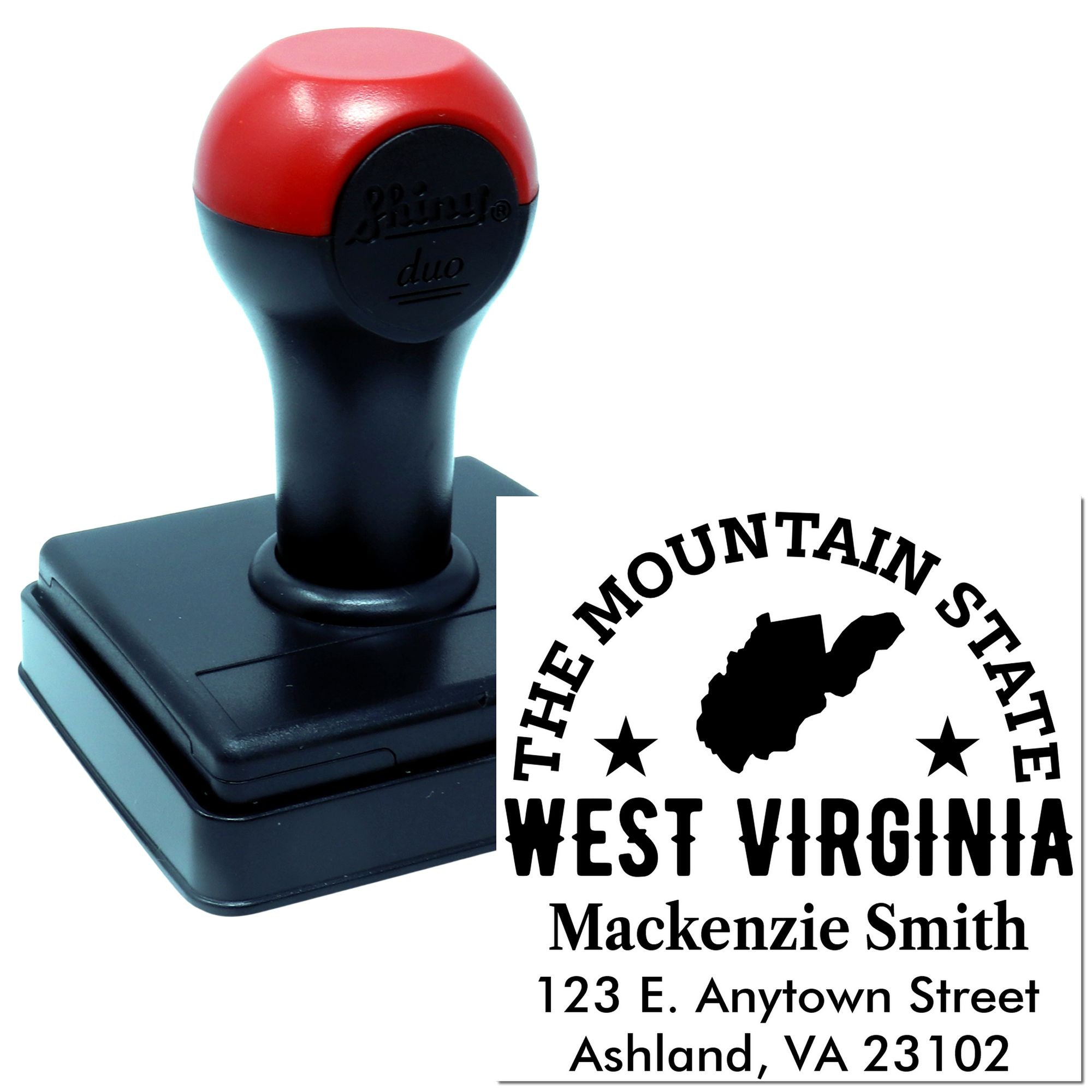 Custom self-inking rubber address stamp for West Virginia, featuring state seal and personalized mailing details.