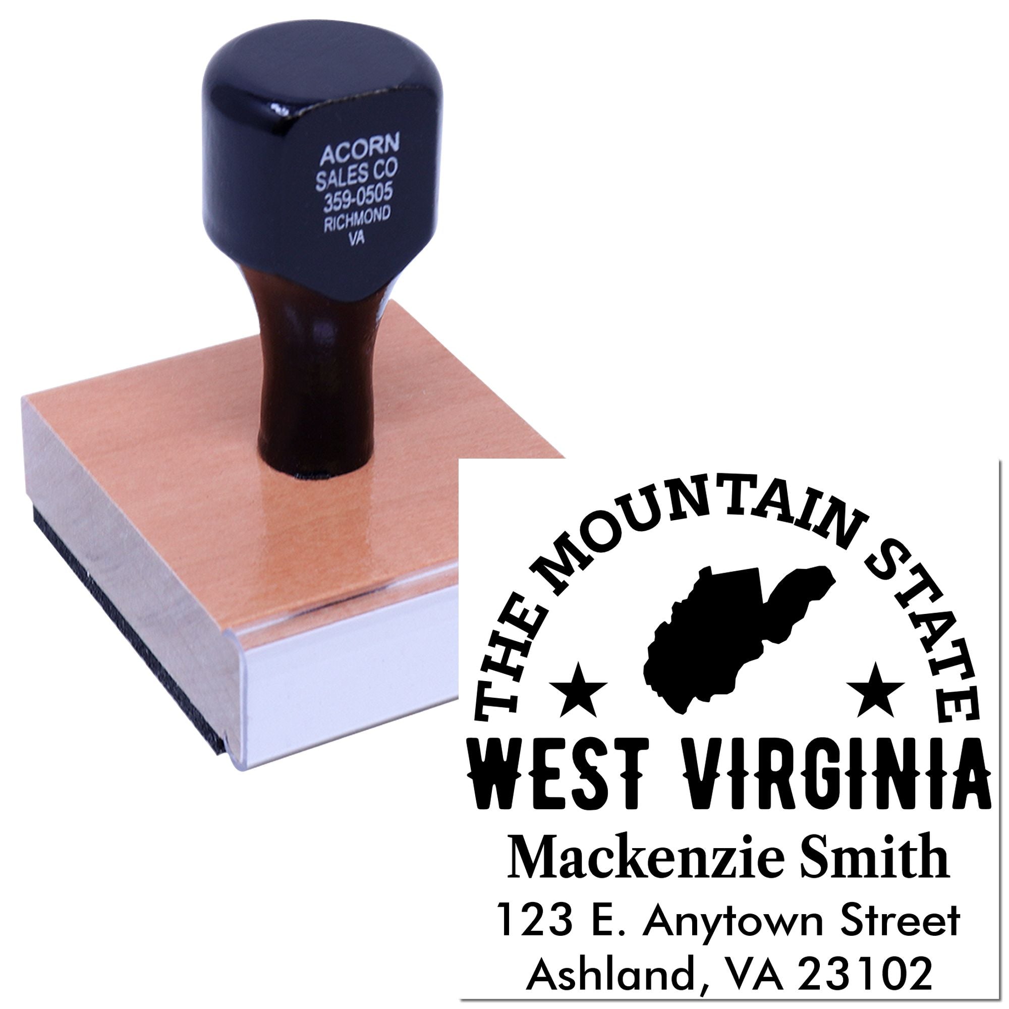 Custom West Virginia address rubber stamp with mountain state logo for mailing, branding, and office use.