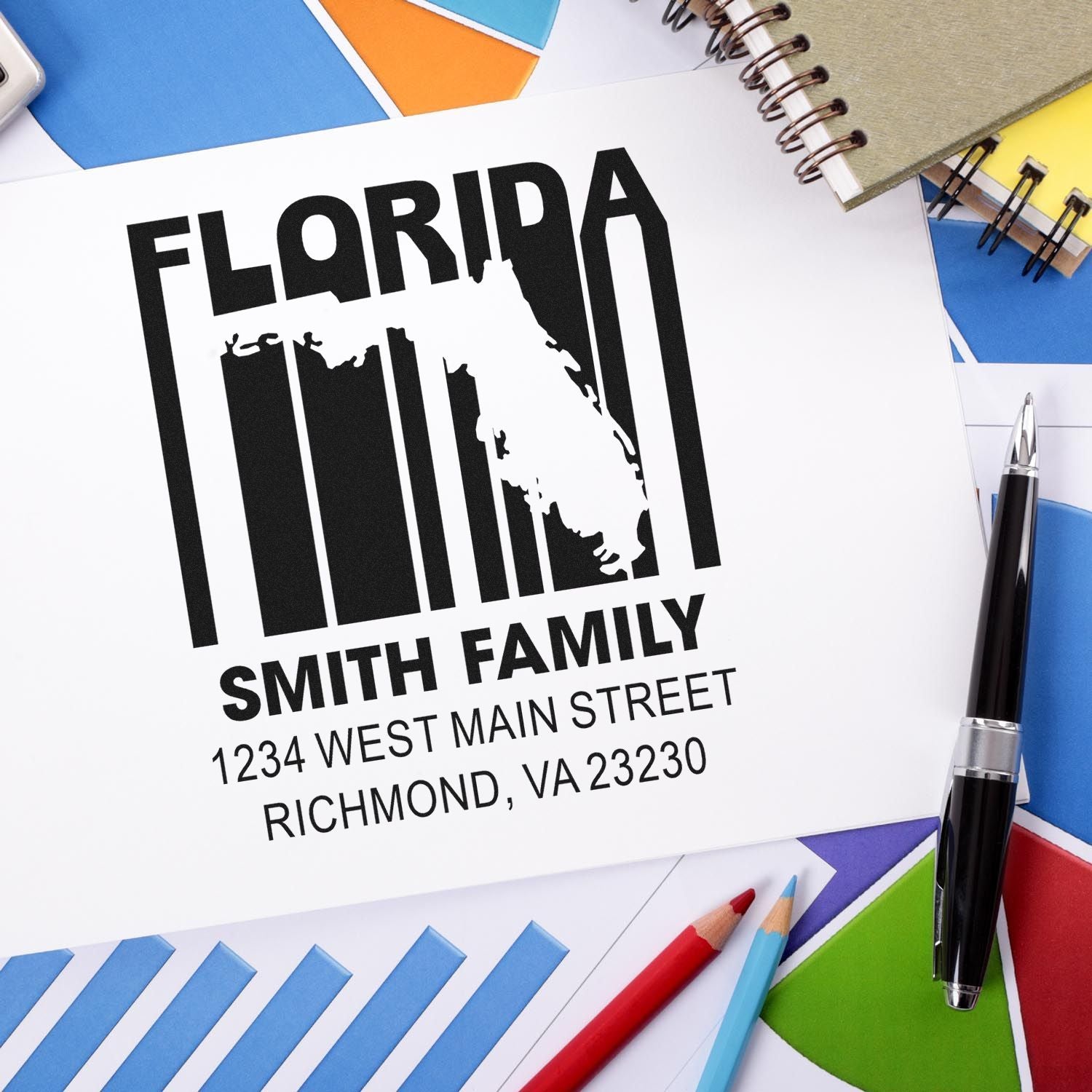 Custom Florida family return address rubber stamp with state silhouette, Smith Family name, and mailing address.