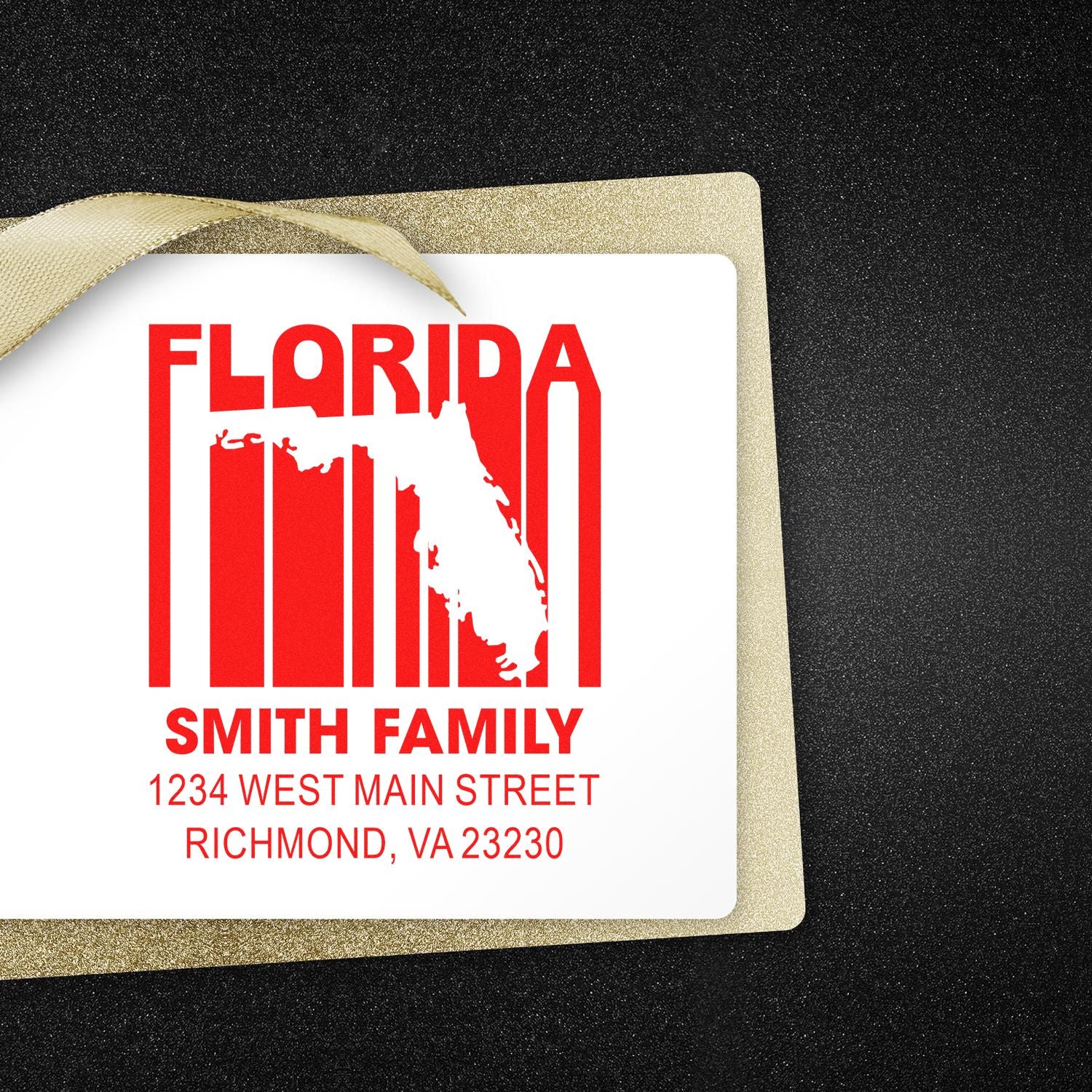Custom Florida return address rubber stamp for Smith Family with personalized mailing address and state outline.
