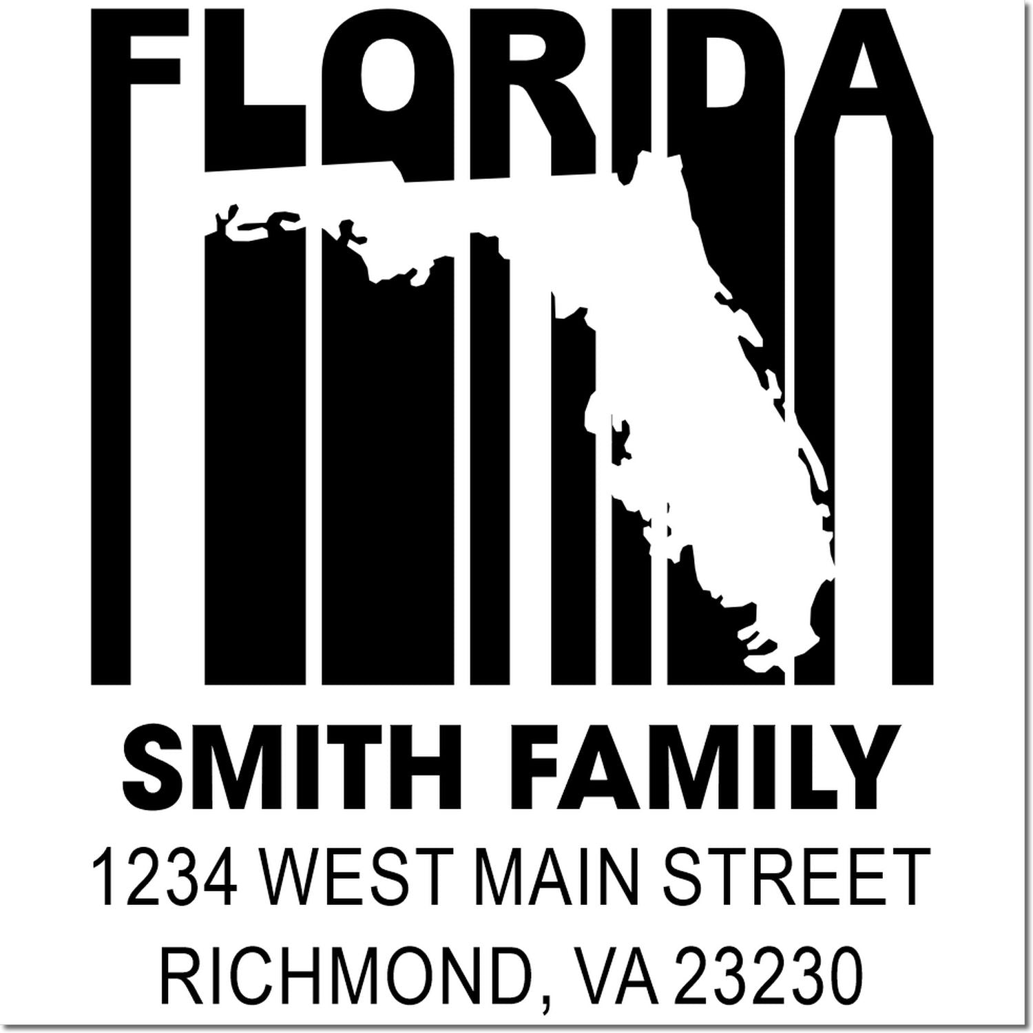 Custom Florida family return address rubber stamp design with state outline, Smith Family, Richmond, VA address