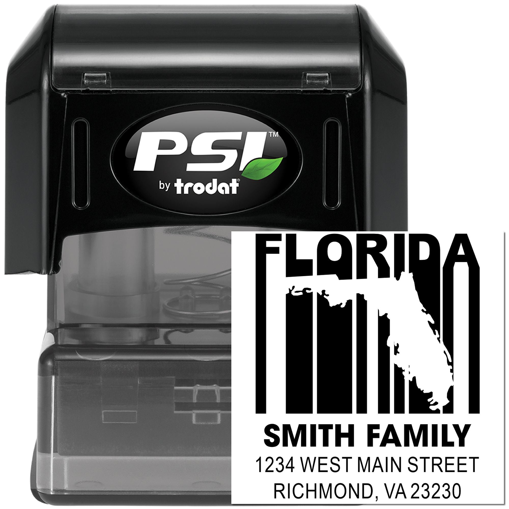 Custom self-inking rubber stamp by PSI Trodat with Florida return address and Smith family address design