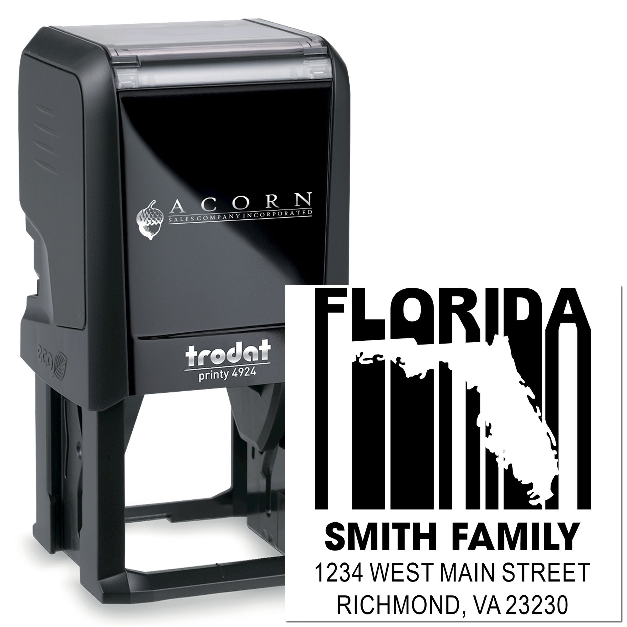 Custom self-inking rubber address stamp with Florida family name and return address for mailing envelopes.