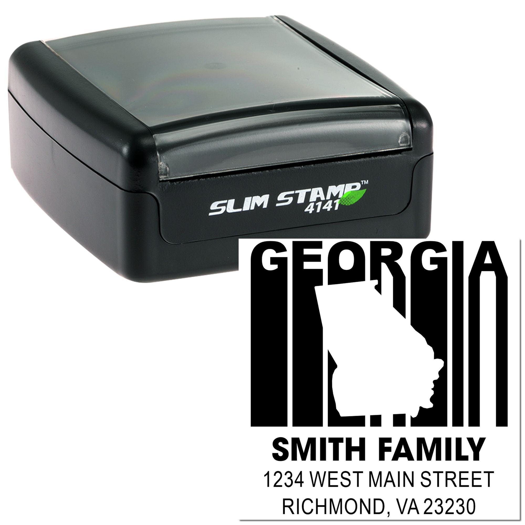 Custom self-inking rubber stamp for Georgia Smith Family return address, Slim Stamp 4141, Richmond VA 23230.