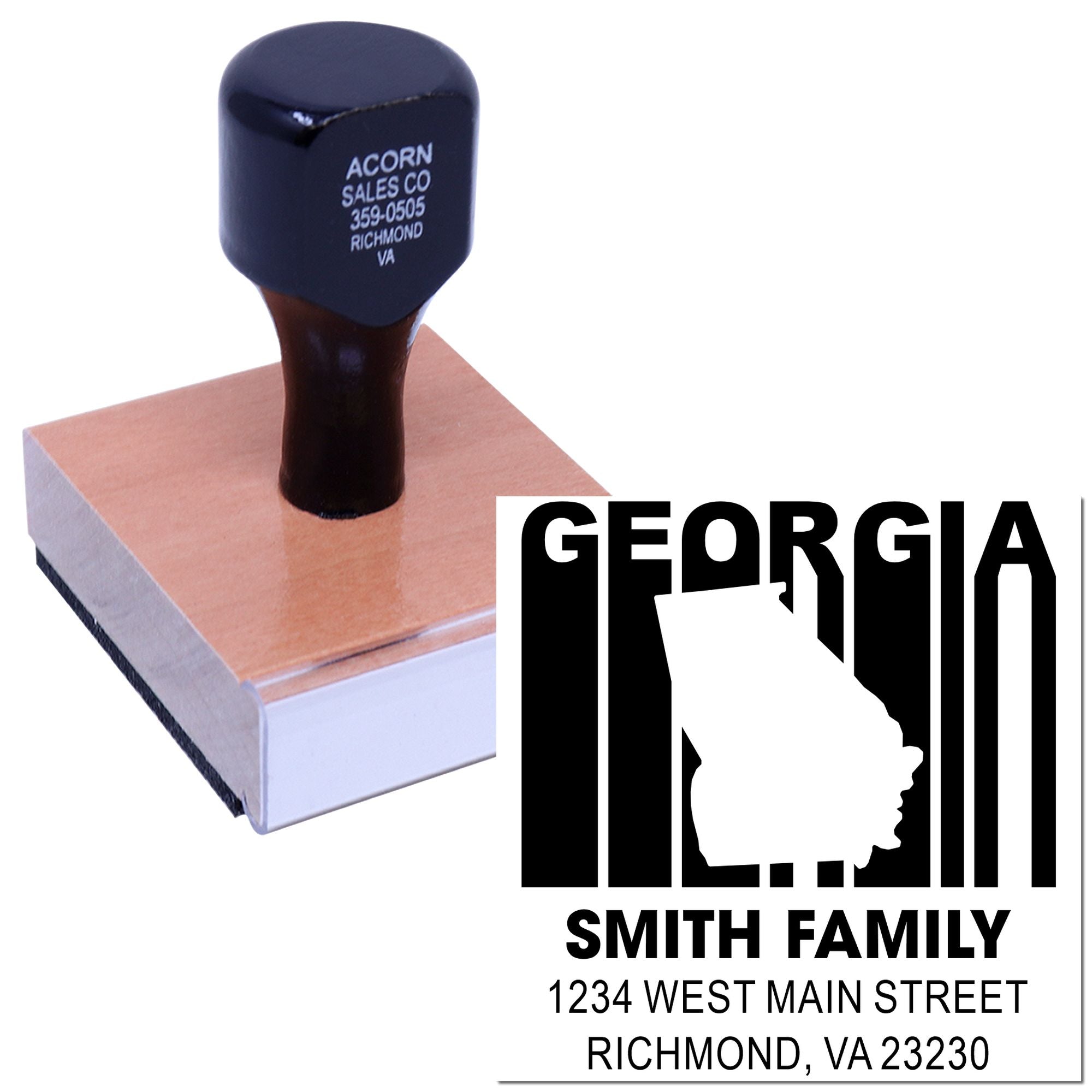 Custom Georgia family address rubber stamp with state outline, Smith Family, Richmond, VA return address imprint