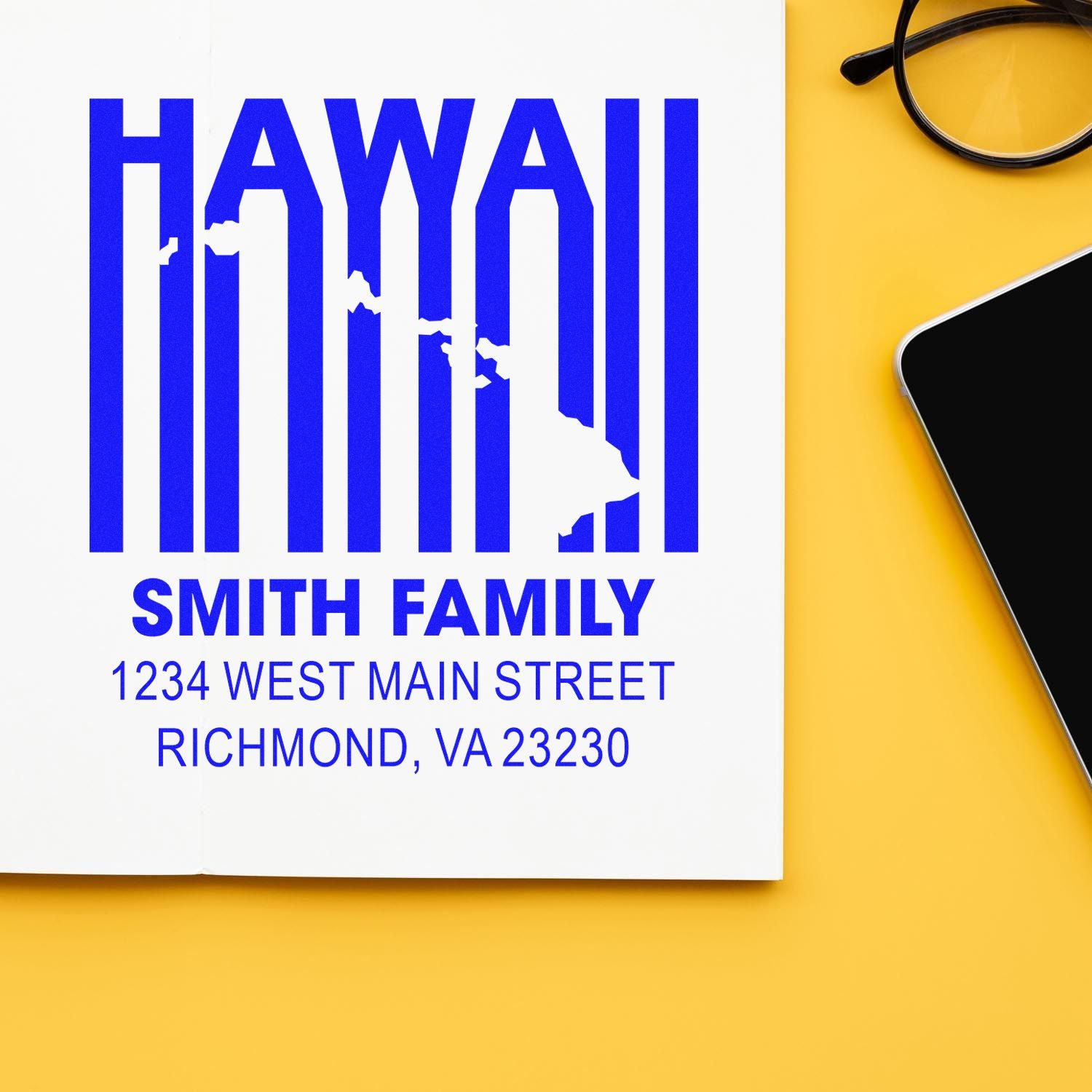 Custom Hawaii family address rubber stamp impression with Smith Family name and Richmond, VA return address.