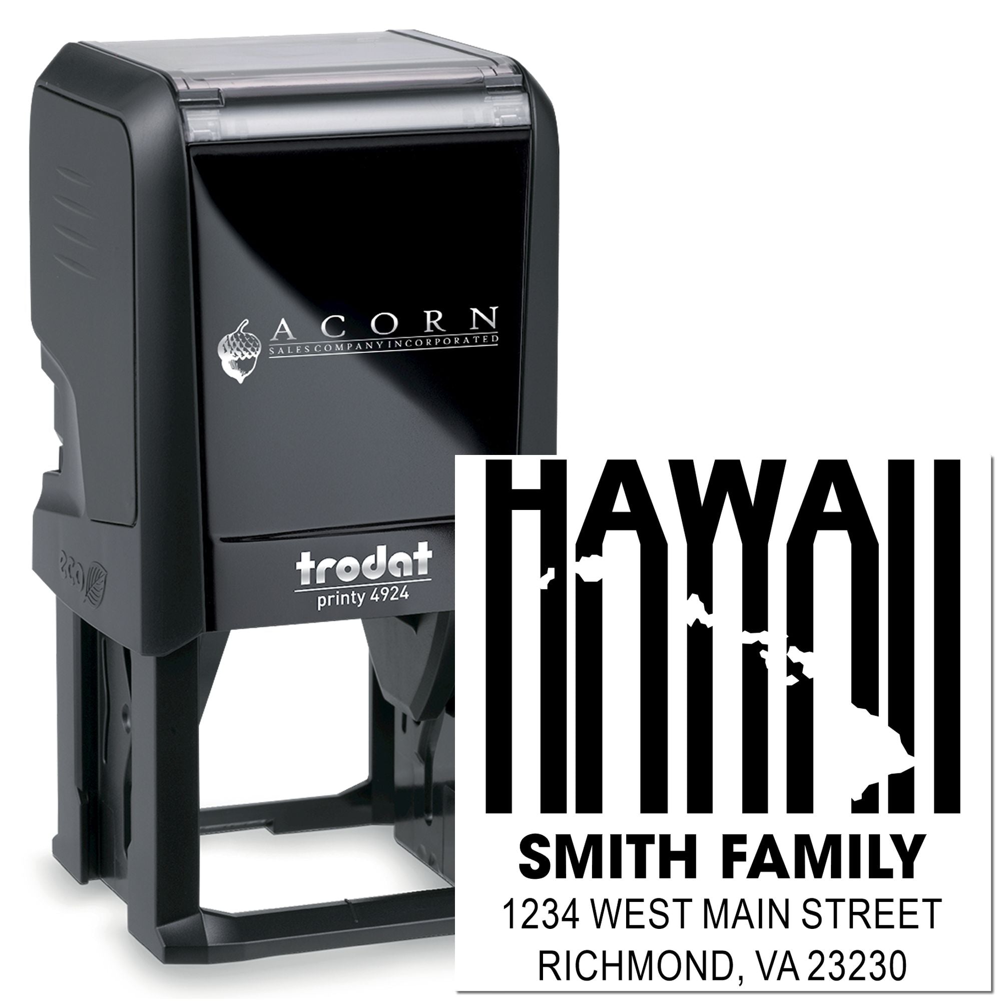 Custom Hawaii address rubber stamp with state silhouette for Smith Family, self-inking Trodat Printy 4924.