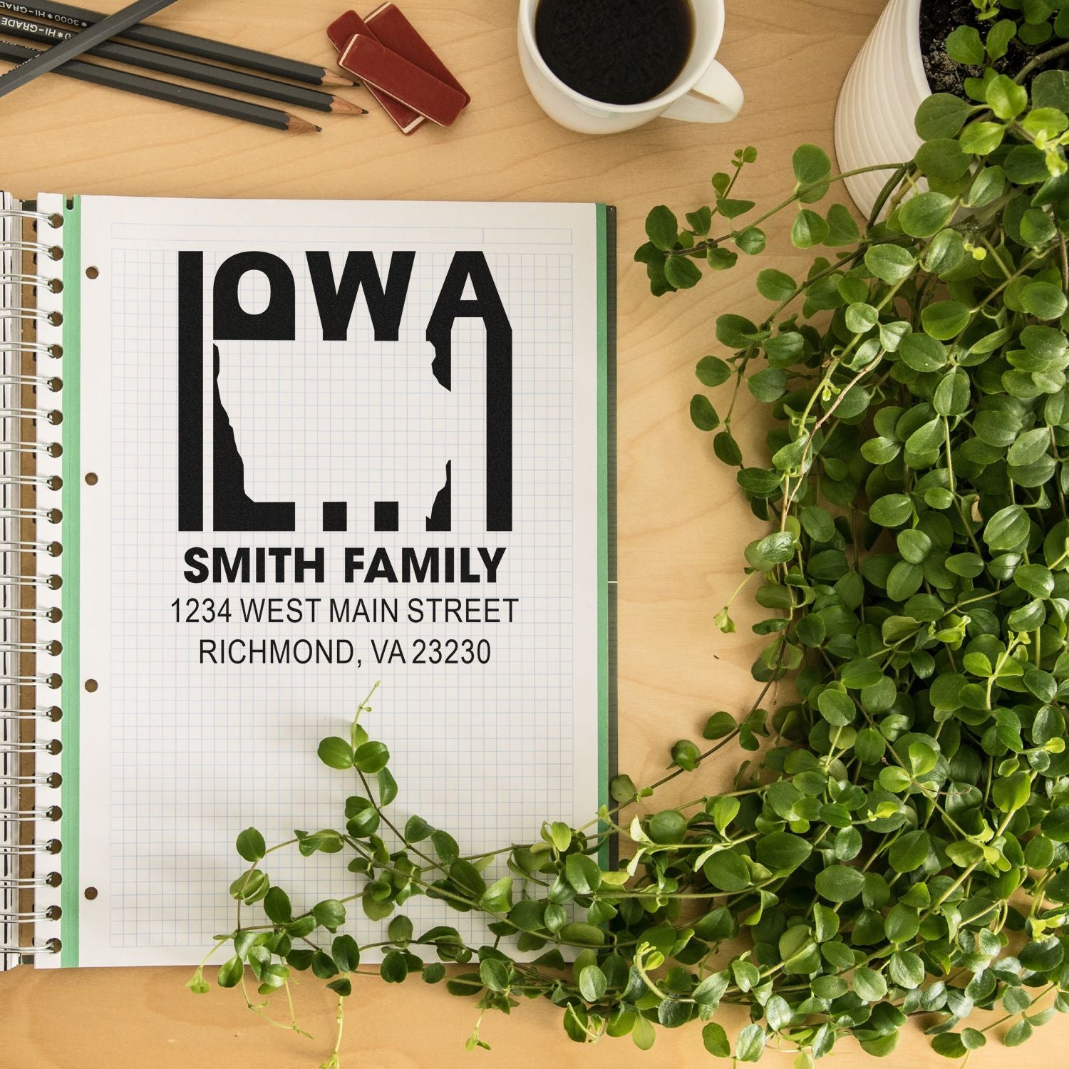 Custom return address rubber stamp mockup for Smith Family, featuring a personalized Richmond, VA mailing address.
