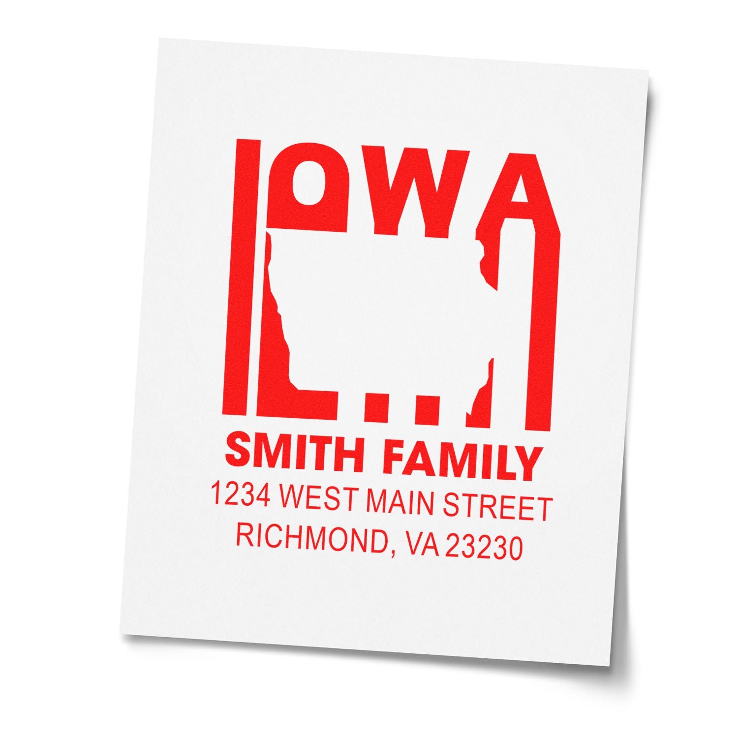 Custom Iowa family return address rubber stamp with state outline, Smith family name, and Richmond, VA address.