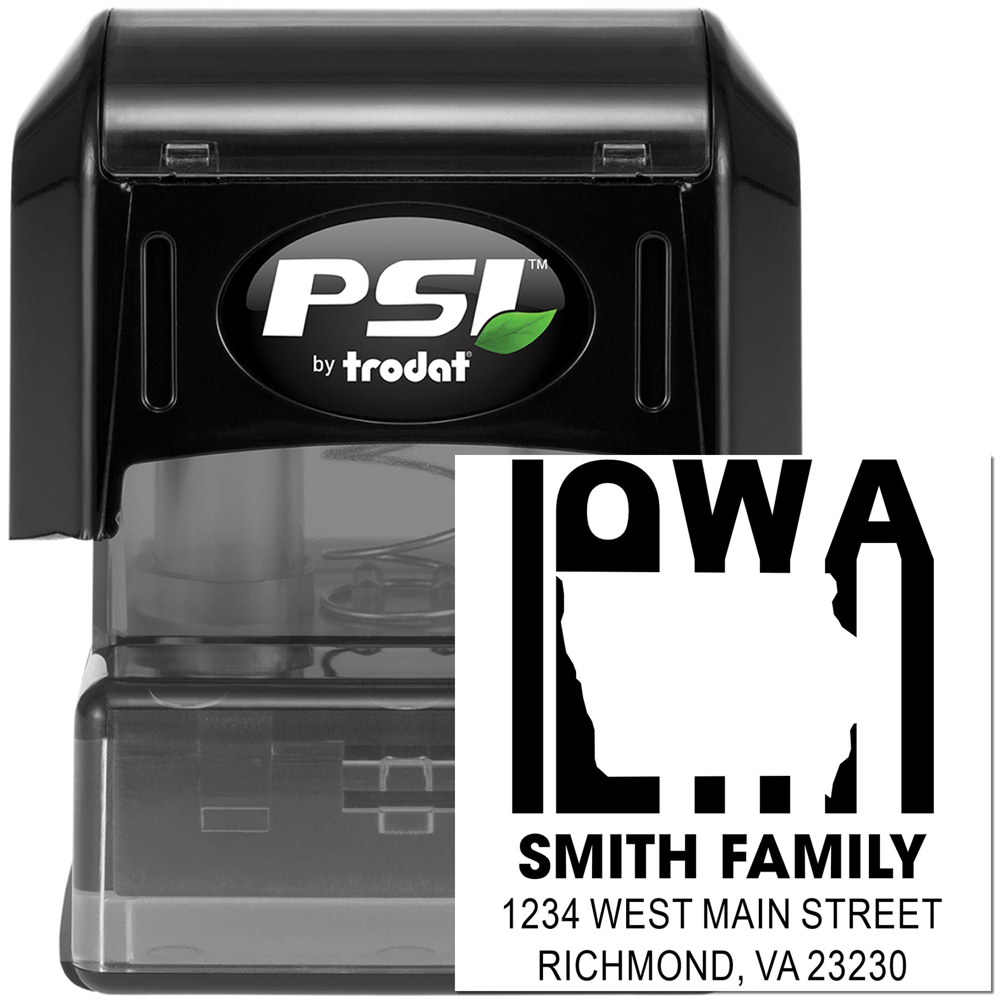 Personalized self-inking return address rubber stamp by PSI/Trodat, featuring Iowa family name and address imprint.
