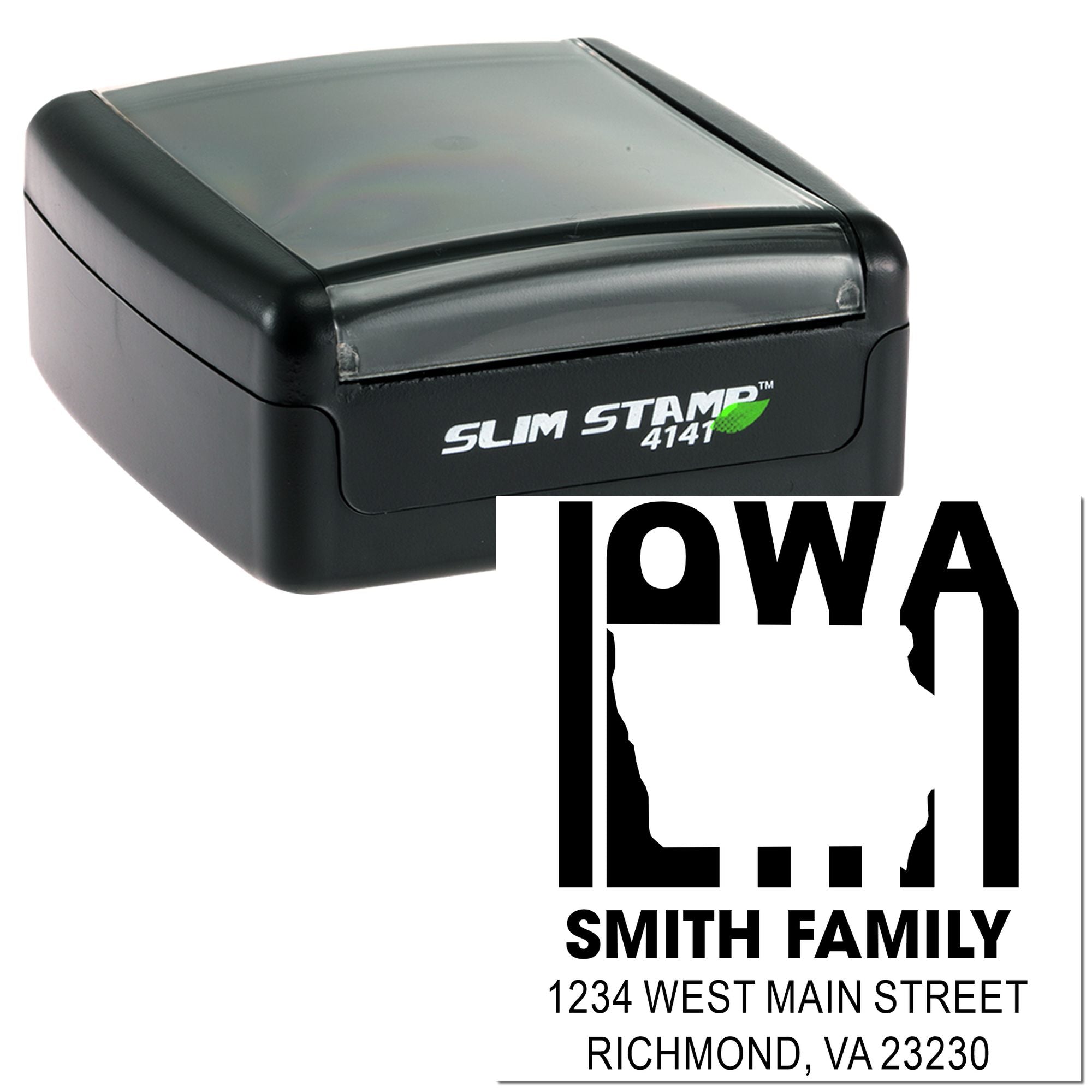Custom self-inking rubber address stamp with family name, street address, city and ZIP for mailing envelopes.