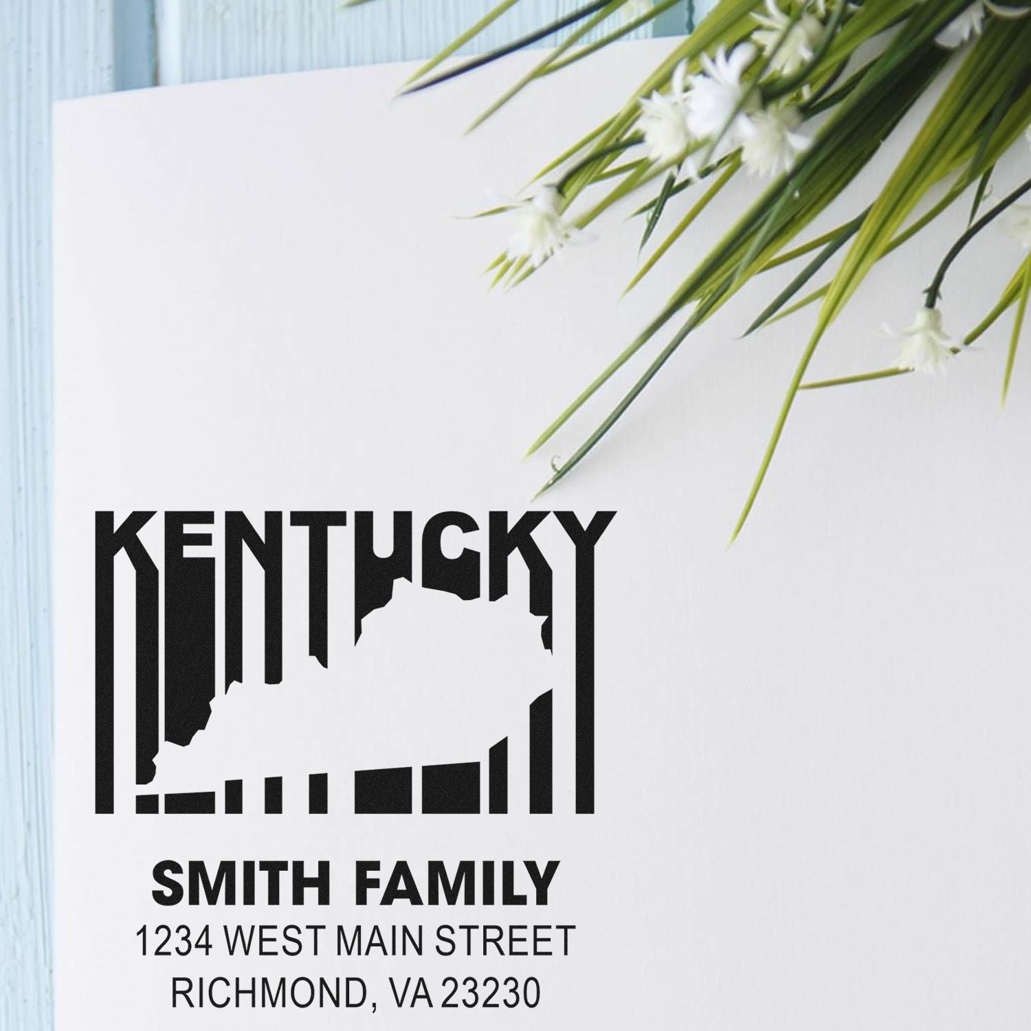 Custom Kentucky address rubber stamp with family name and return address for personalized mailing