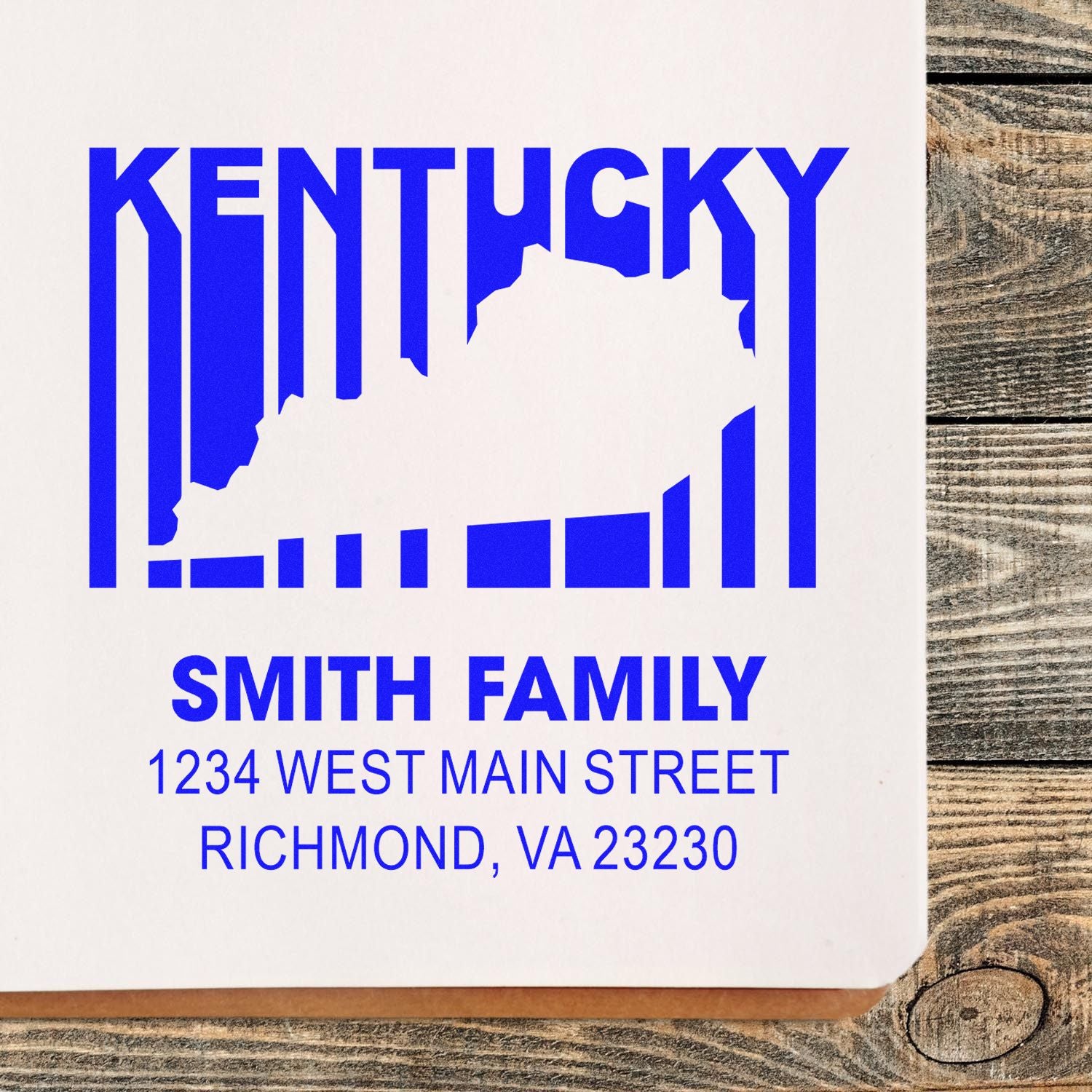 Personalized Kentucky custom family return address rubber stamp with state outline, Smith Family, Richmond, VA.