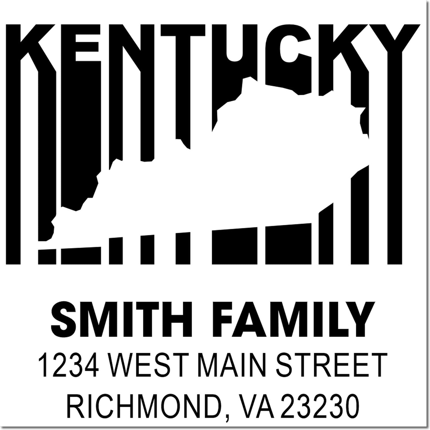 Kentucky custom return address rubber stamp with state outline for Smith Family, 1234 West Main Street, Richmond, VA 23230