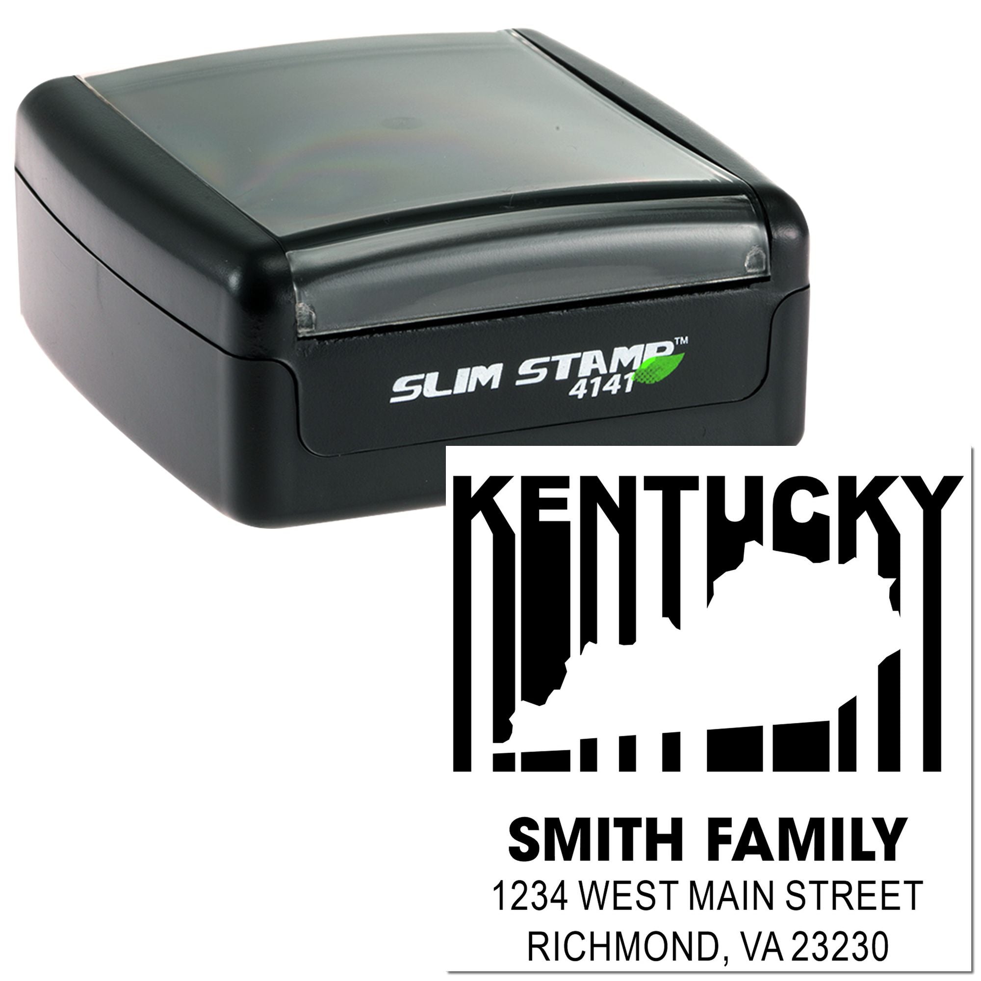 Custom Kentucky return address rubber stamp with Smith Family name, street address, and Slim Stamp 4141 compact self-inking design.